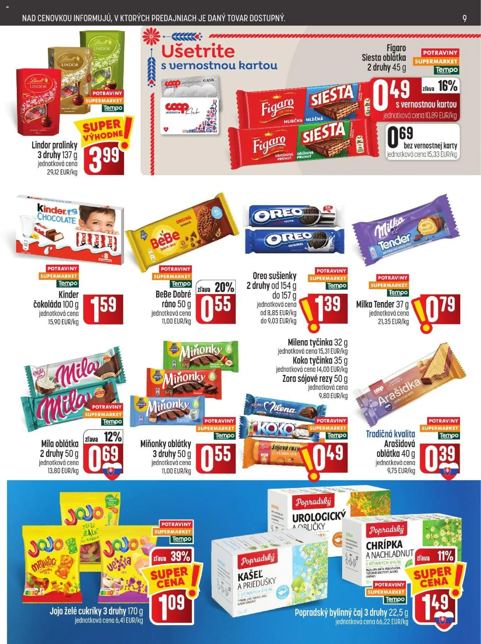 Náhľad COOP Jednota letáku platného od 29.10.2026 - Čokoláda, Čaj, Kinder, Oreo, Mila, Lindor, Sušienky, Bylinný čaj