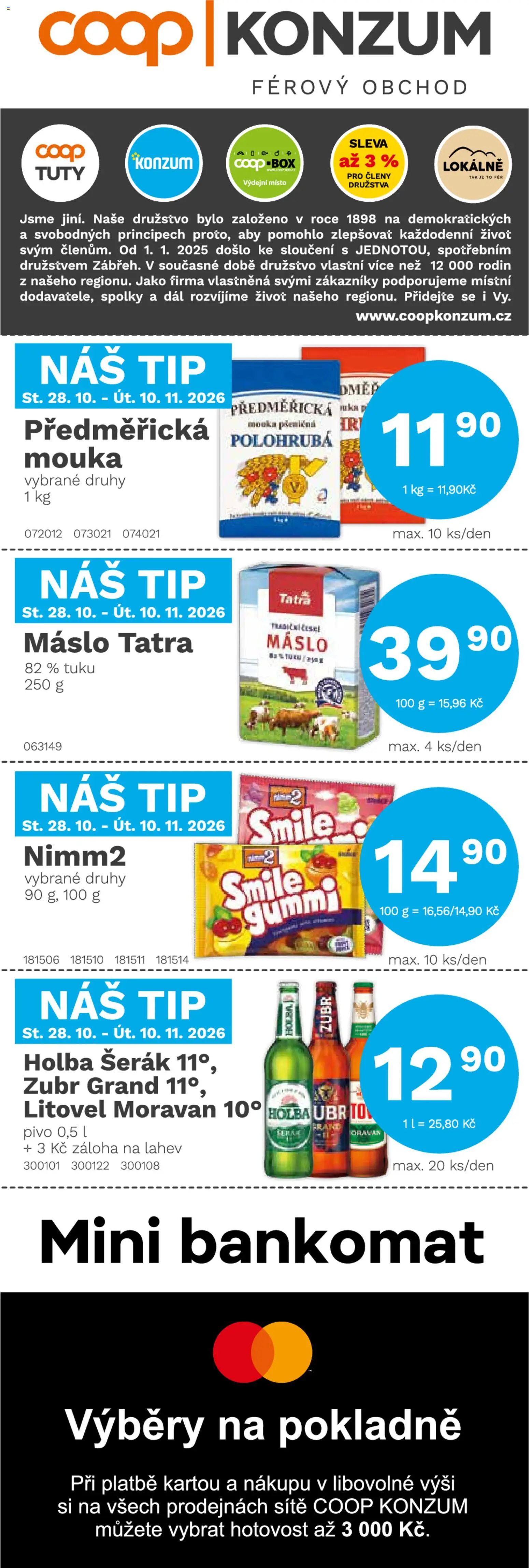 Náhled nabídky: Konzum Konzum leták platný od 28.10.2026 - Pivo, Box, Zubr, Šerák, Mouka, Láhev, Holba šerák, Mouka polohrubá