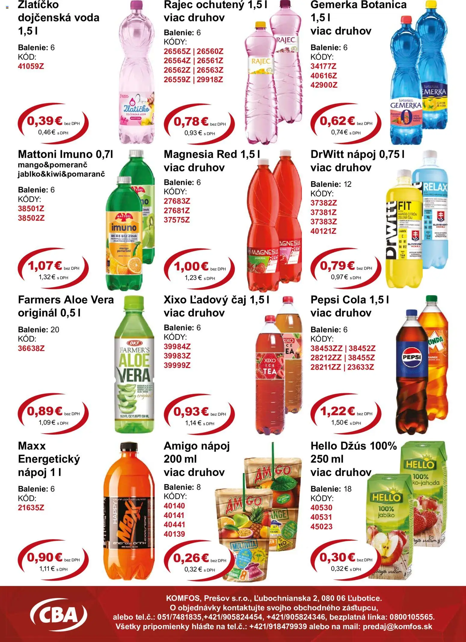Náhľad CBA Komfos letáku platného od 18.09.2026 - Mango, Voda, Čaj, Zelený čaj, Mattoni, Džús, Magnesia, Gemerka