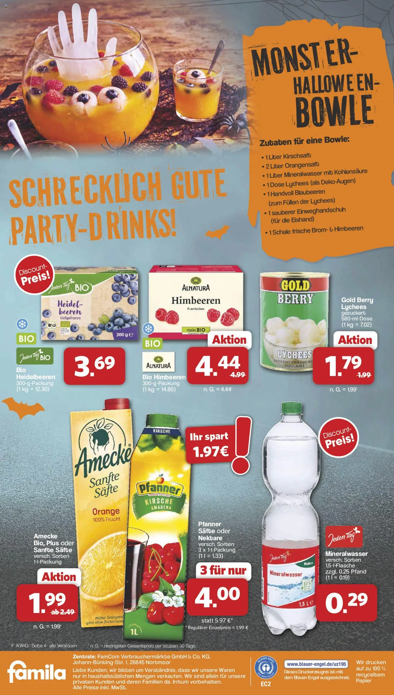 Vorschau von dem Prospekt des Geschäftes Famila Nordwest, gültig ab dem 19.10.2026 - Monster, Himbeeren, Mineralwasser, Heidelbeeren, Blaubeeren, Orangensaft