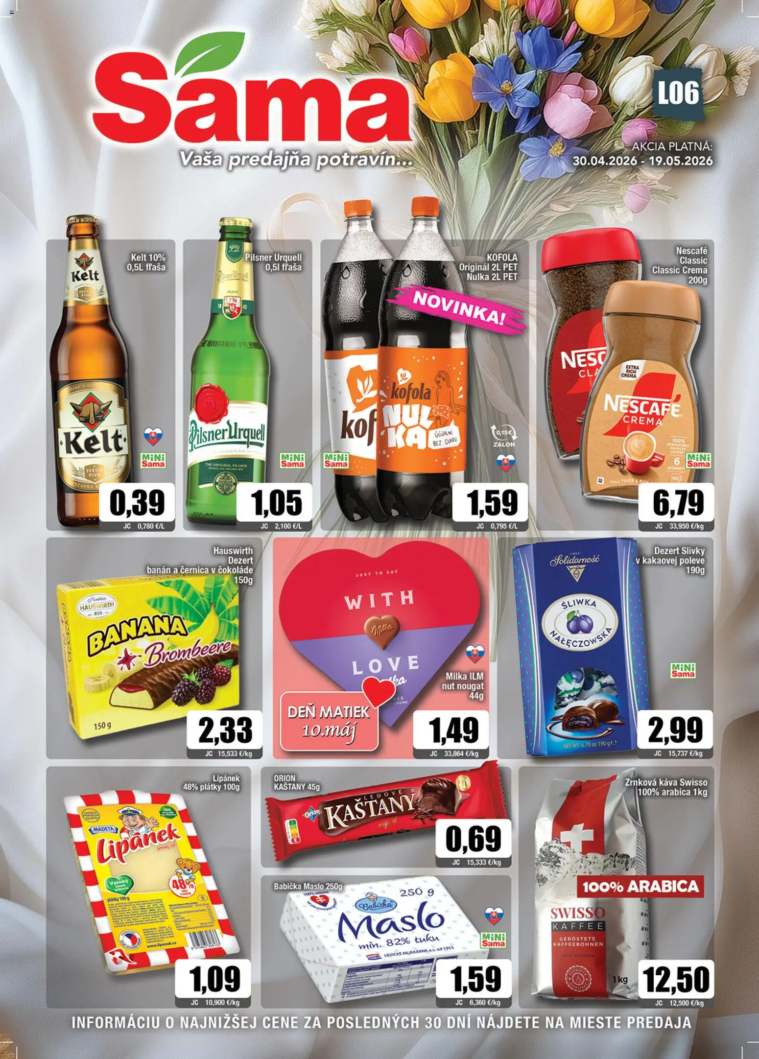 Náhľad Sama letáku platného od 30.04.2026 - Maslo, Káva, Milka, Dezert, Zrnková káva, Slivky, Kelt, Nescafé Crema