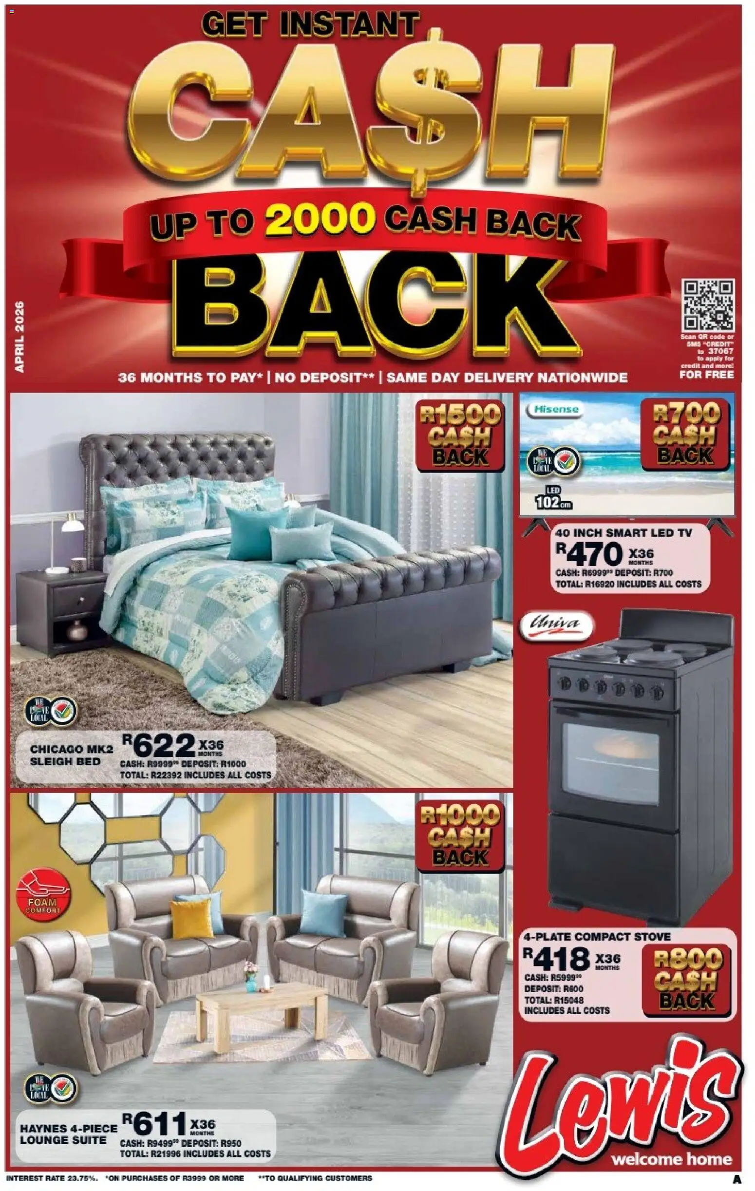 Preview of Lewis Stores flyer valid from 13/04/2026 - Bed, TV, Lounge suite, Stove, Foam