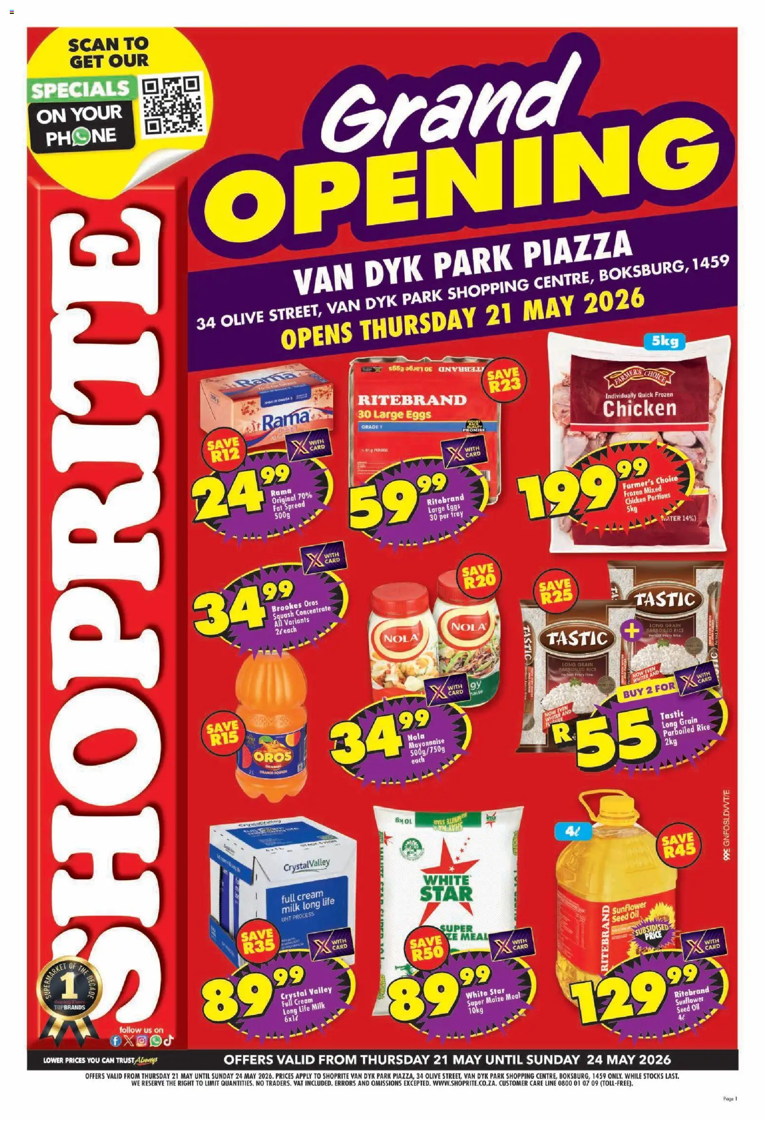 Preview of Shoprite flyer valid from 21/05/2026 - Phone, Chicken, Eggs, Rice, Cream, Mayonnaise, Maize meal, Squash