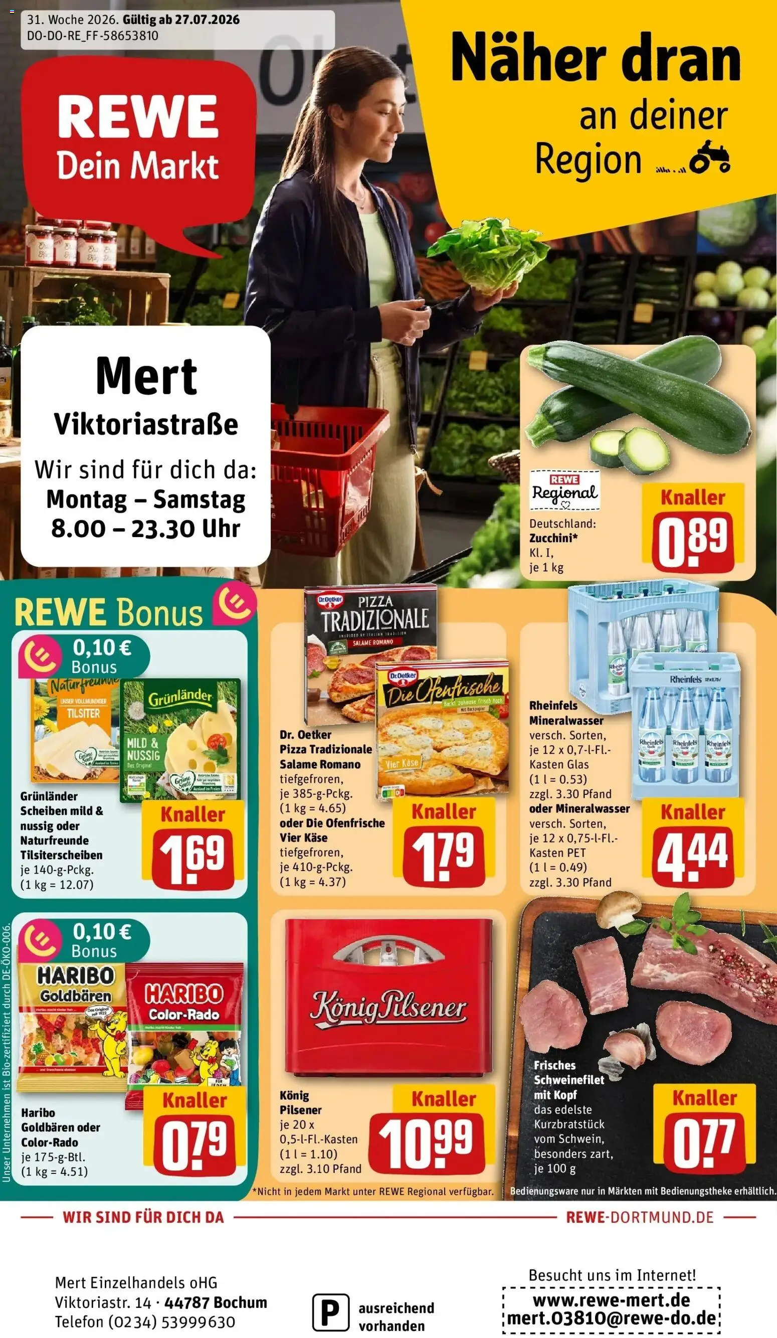 Vorschau von dem Prospekt des Geschäftes Rewe, gültig ab dem 27.07.2026 - Uhr, Telefon, Käse, Haribo, Mineralwasser, Schweinefilet, Ofenfrische, Grunlander