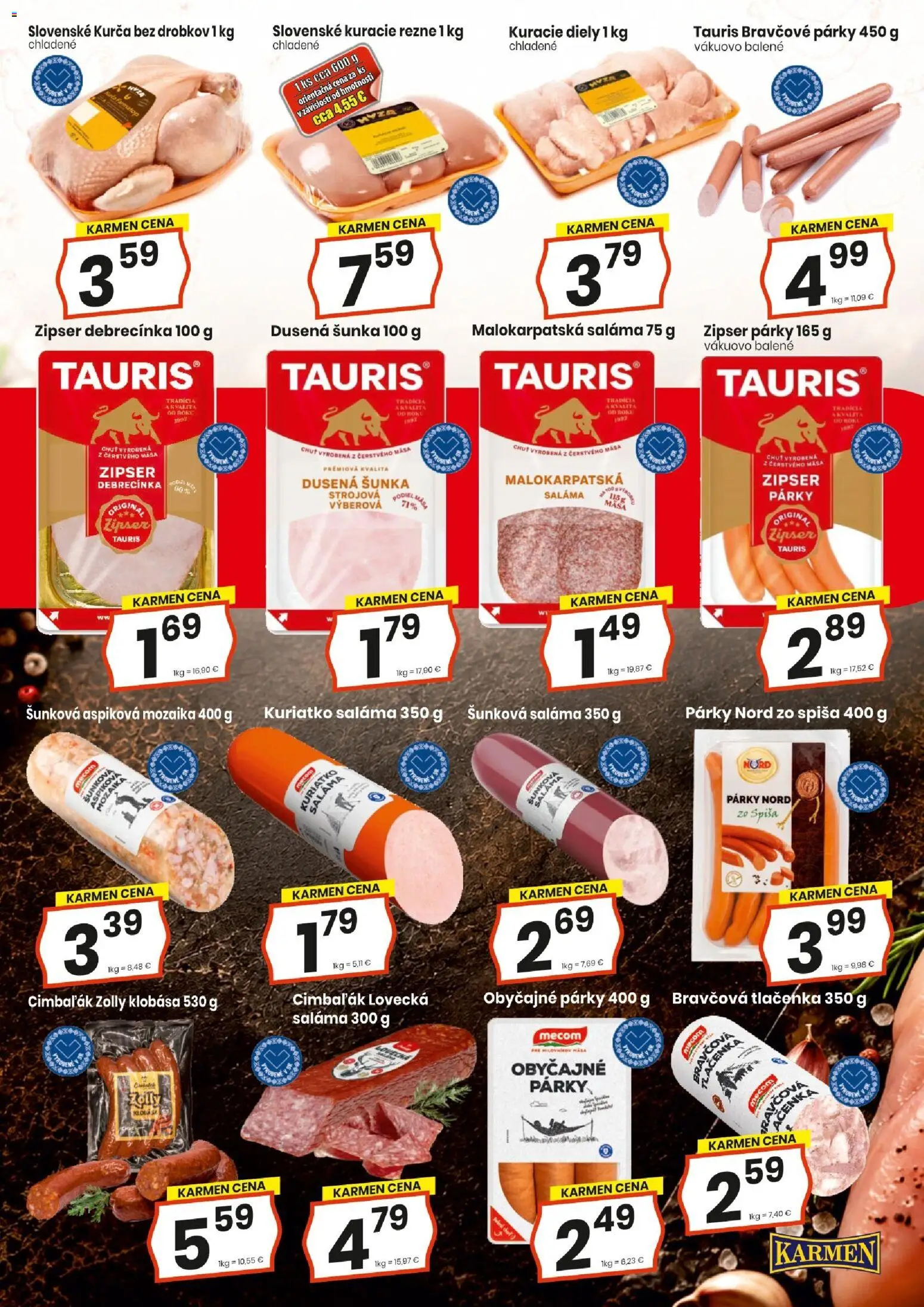 Náhľad KARMEN CBA letáku platného od 15.10.2026 - Kuracie rezne, Klobása, Šunka, Párky, Rezne, Tlačenka, Saláma, Kurča