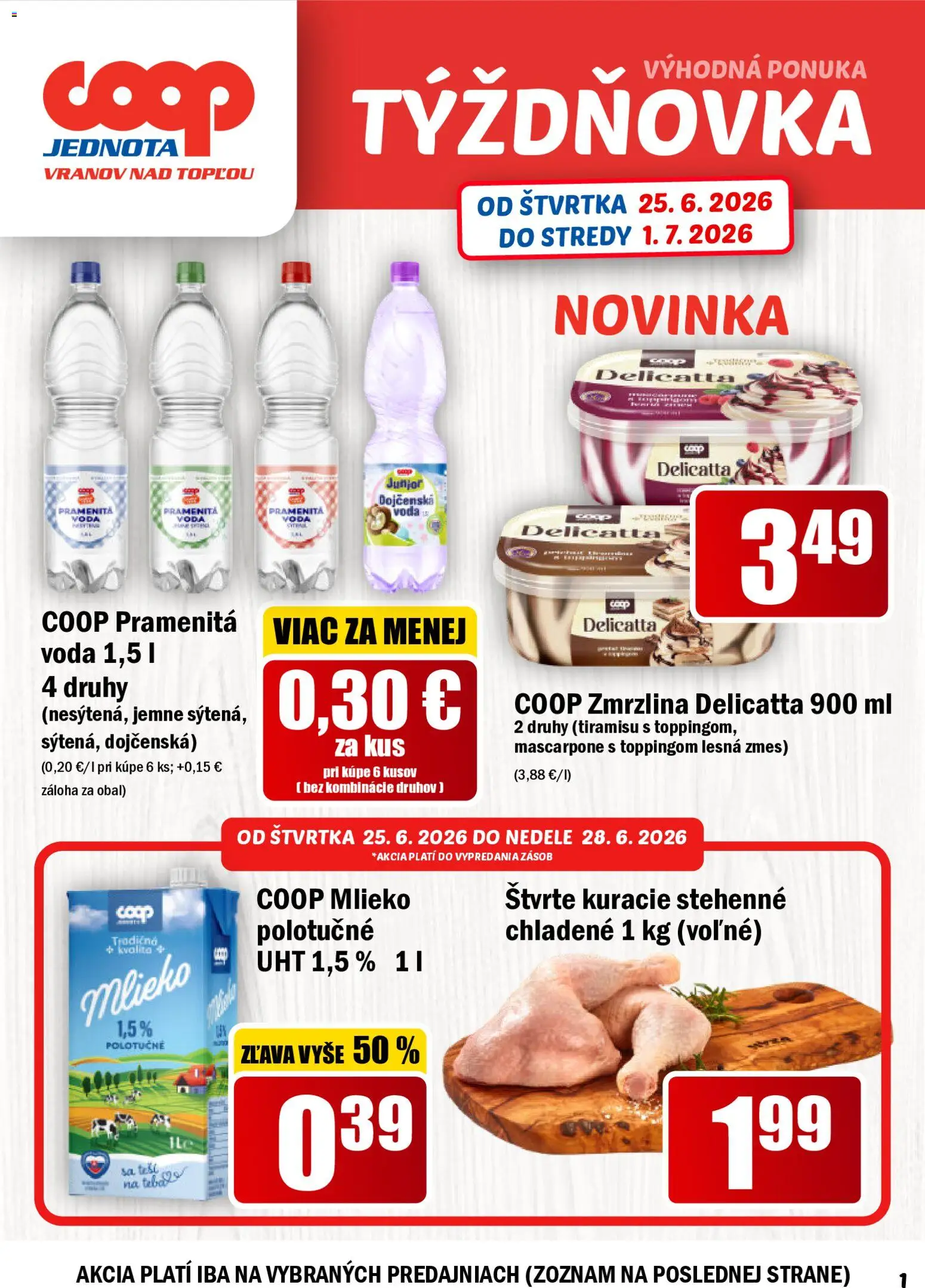 Náhľad COOP Jednota letáku platného od 25.06.2026 - Zmrzlina, Tiramisu, Voda, Mascarpone, Mlieko, Pramenitá voda