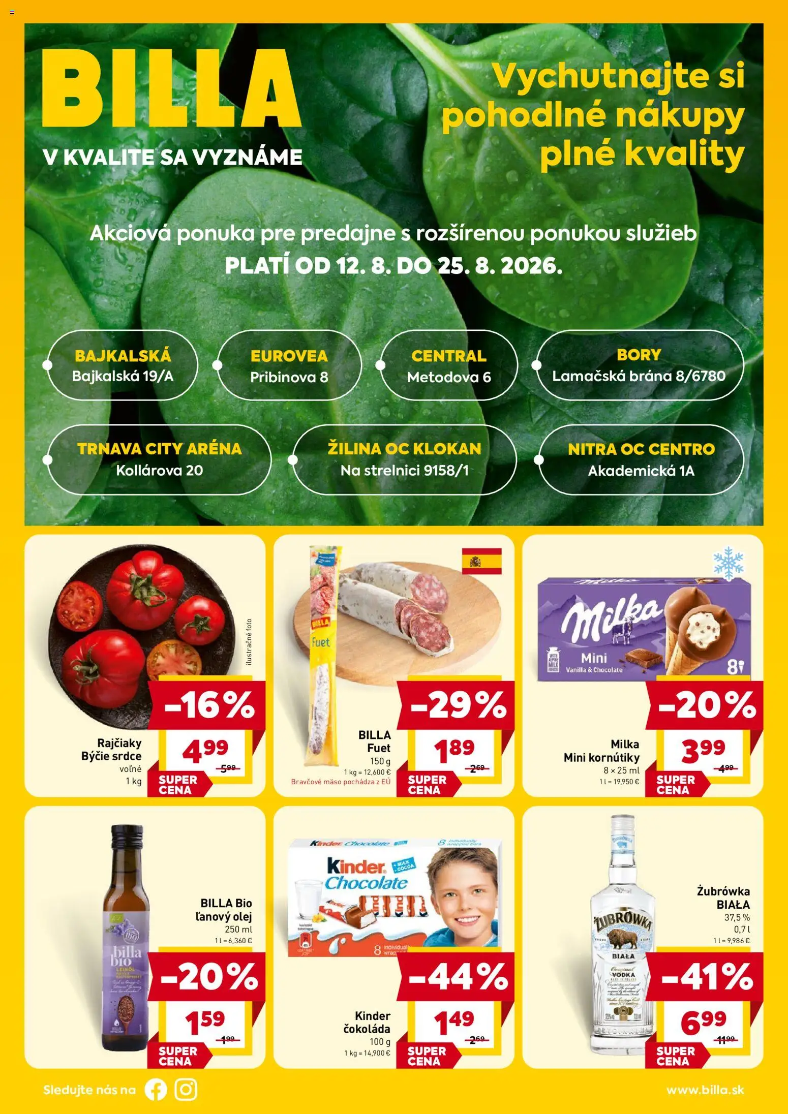 Náhľad Billa letáku platného od 12.08.2026 - Mäso, Čokoláda, Vodka, Olej, Kinder, Milka, Bravčové mäso