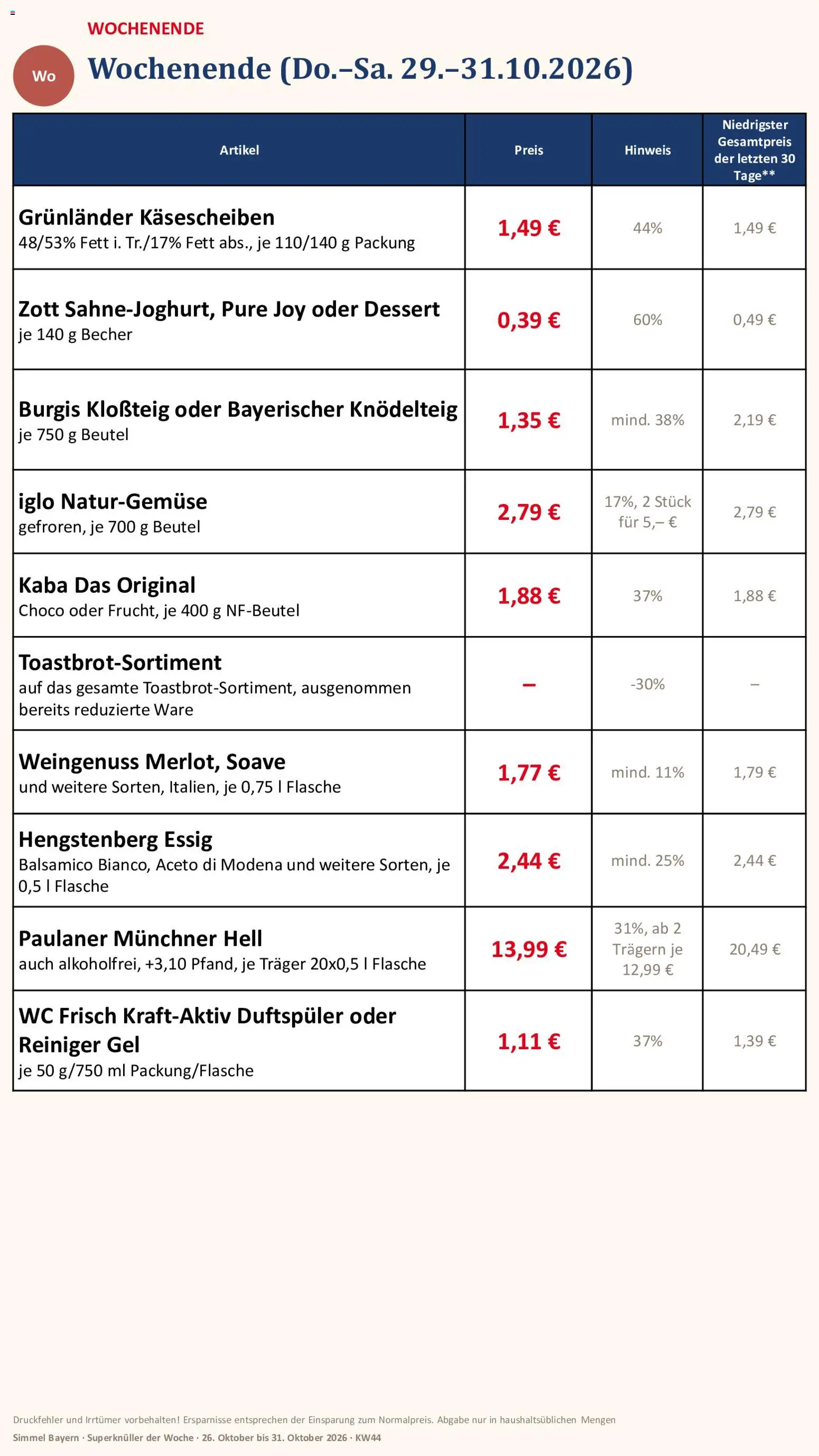 Vorschau von dem Prospekt des Geschäftes Simmel, gültig ab dem 26.10.2026 - Paulaner, Balsamico, Essig, Iglo, Wc frisch, Grunlander