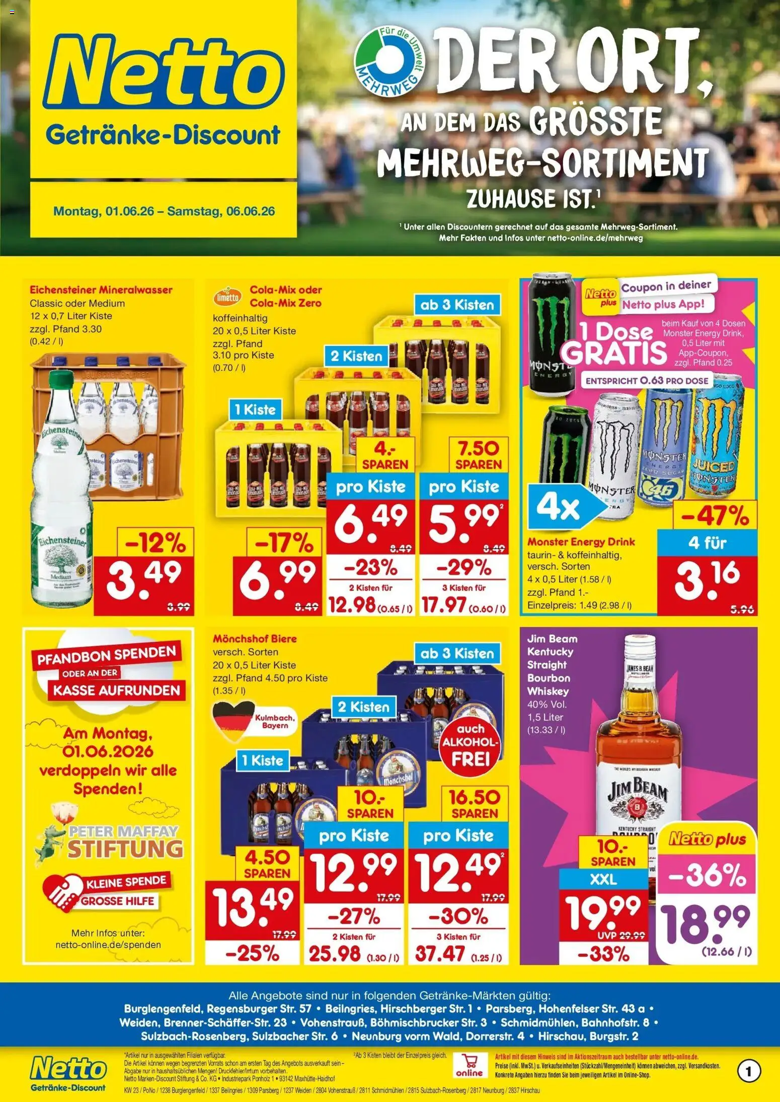 Vorschau von dem Prospekt des Geschäftes Netto Marken-Discount, gültig ab dem 01.06.2026 - Monster, Mineralwasser, Alkohol, Whiskey, Energy, Jim beam, Bourbon, Monchshof