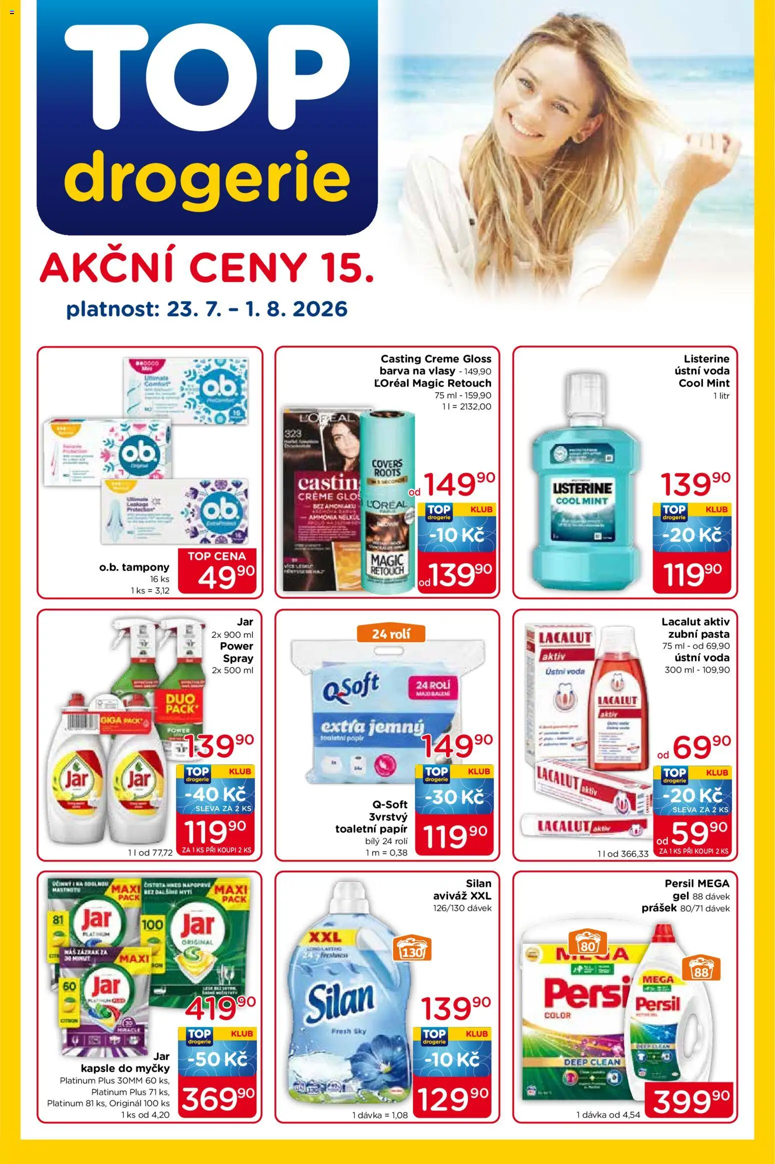 Náhled nabídky: Top drogerie Top drogerie leták platný od 23.07.2026 - Voda, Barva na vlasy, Listerine, Tampony, Persil, Zubní pasta, Kapsle do myčky, Lacalut