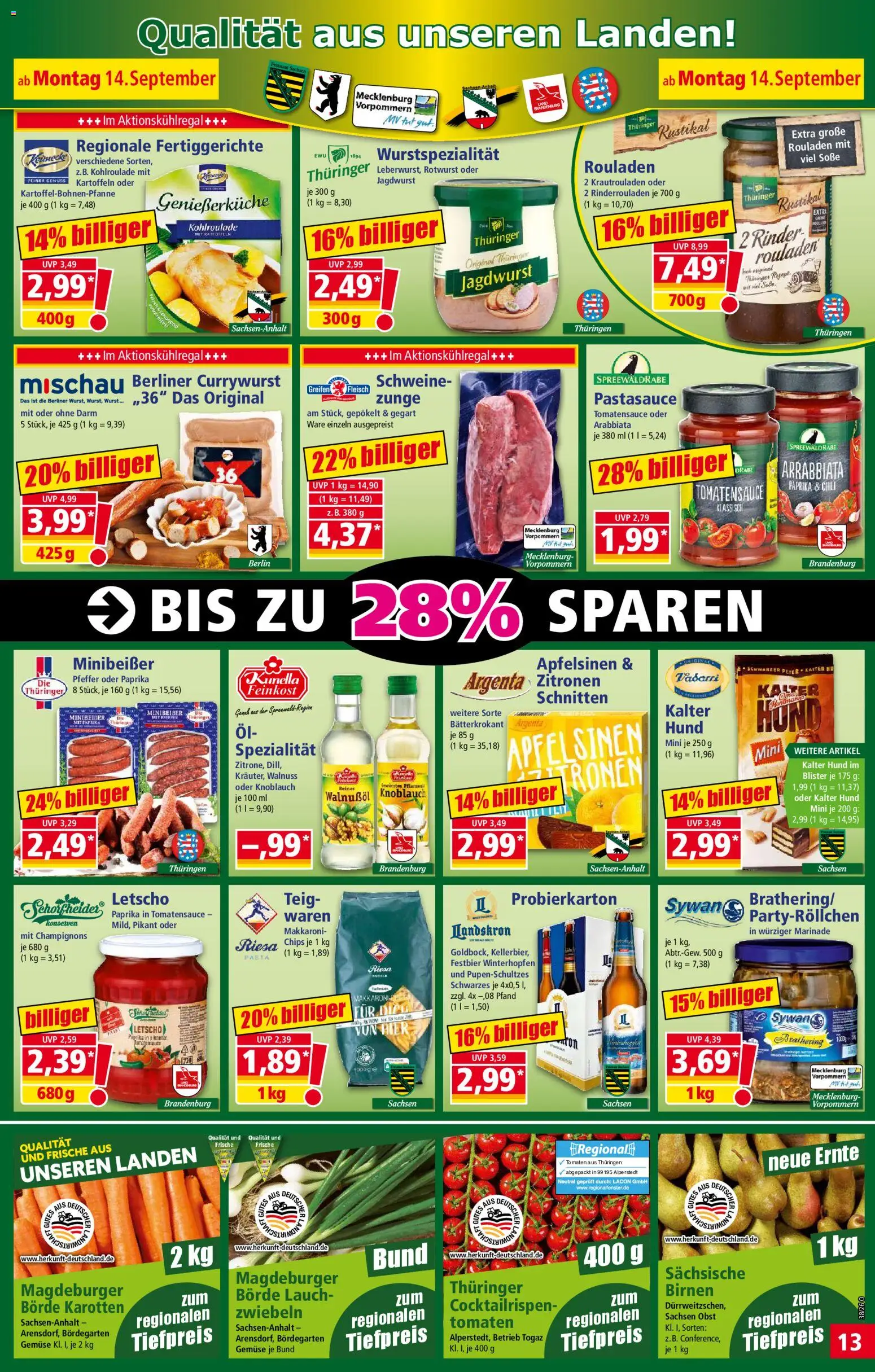Vorschau von dem Prospekt des Geschäftes Norma, gültig ab dem 14.09.2026 - Rinderrouladen, Lauch, Berliner, Paprika, Zitronen, Kartoffeln, Soße, Zwiebeln