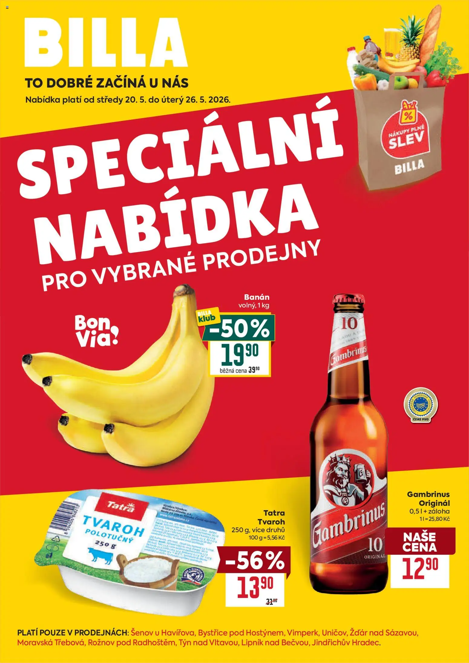 Náhled nabídky: Billa Billa leták - Speciální nabídka platný od 20.05.2026 - Pivo, Tvaroh, Banán, Gambrinus