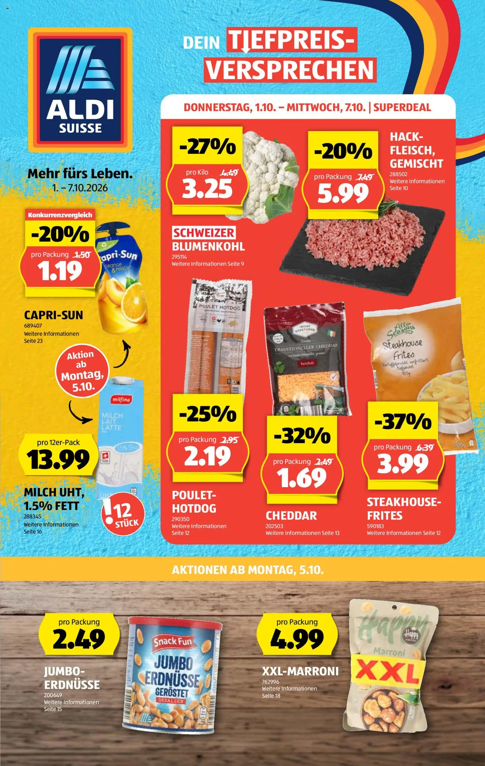 Vorschau des Merkblatts Aldi aktionen vom Shop Aldi gültig von 01.10.2026 bis 07.10.2026 - Milch, Blumenkohl, Erdnüsse