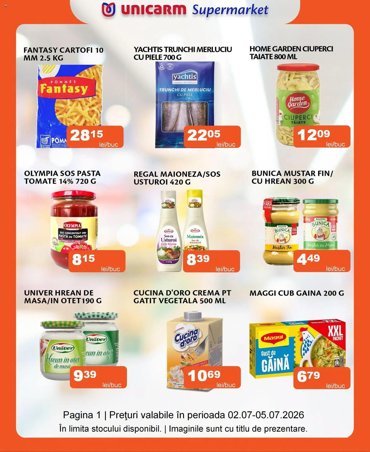 Previzualizarea de cataloage: Unicarm Unicarm Catalog valabil de la 02.07.2026 - Masă, Cremă, Sos, Cartofi, Usturoi, Muștar, Trunchi de Merluciu, Pastă de tomate