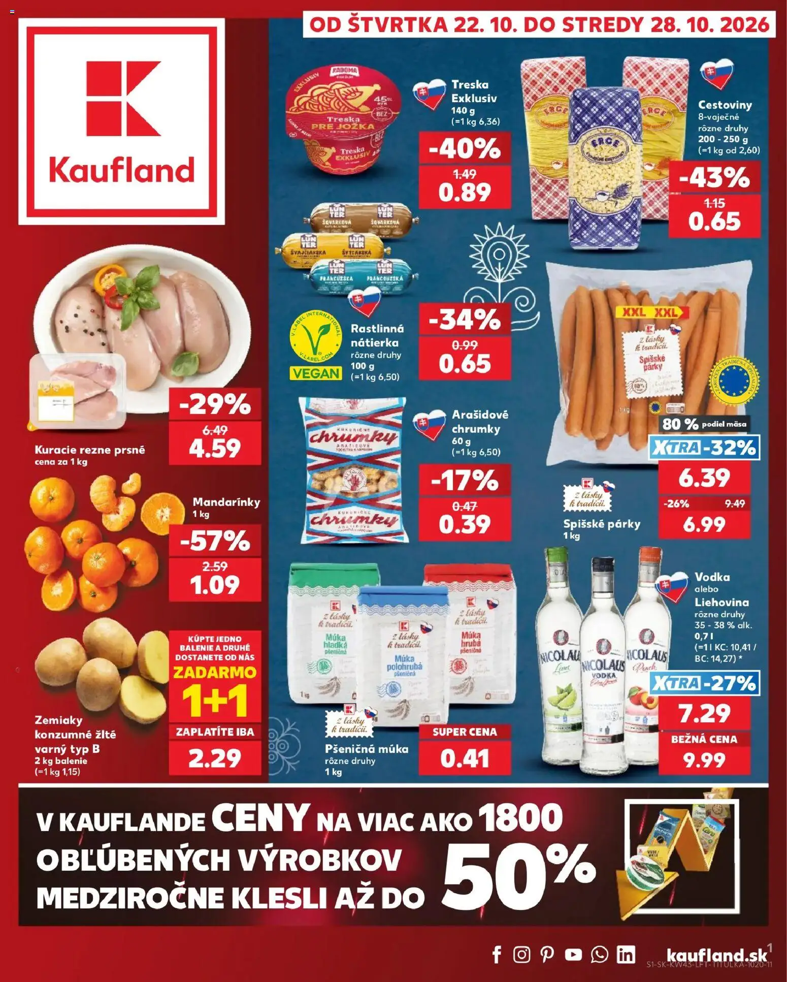 Náhľad Kaufland letáku platného od 22.10.2026 - Cestoviny, Kuracie rezne, Zemiaky, Rezne, Caro, Nátierka, Pšeničná múka, Rastlinná nátierka