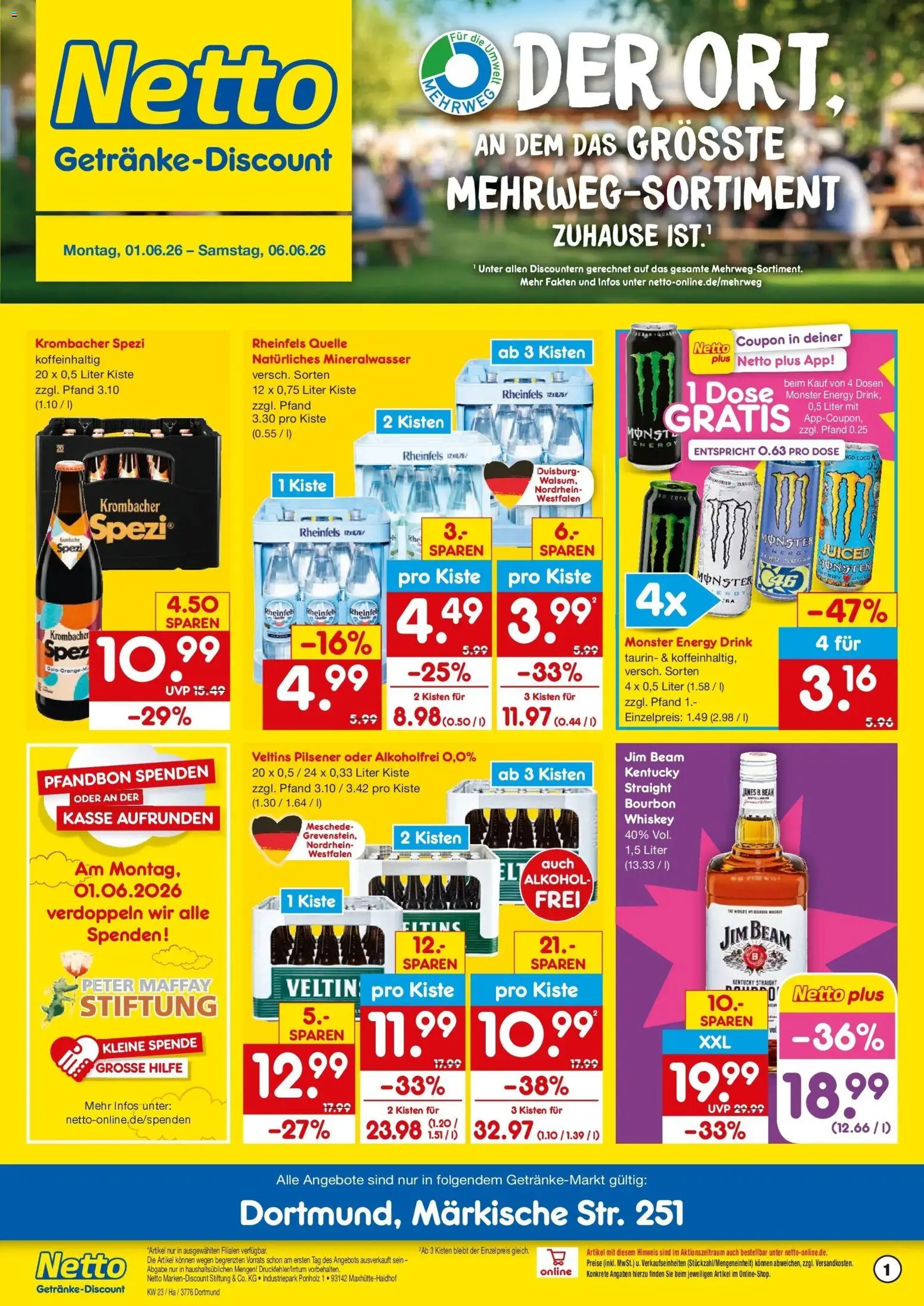 Vorschau von dem Prospekt des Geschäftes Netto Marken-Discount, gültig ab dem 01.06.2026 - Monster, Mineralwasser, Alkohol, Krombacher, Whiskey, Veltins, Bourbon, Rheinfels quelle