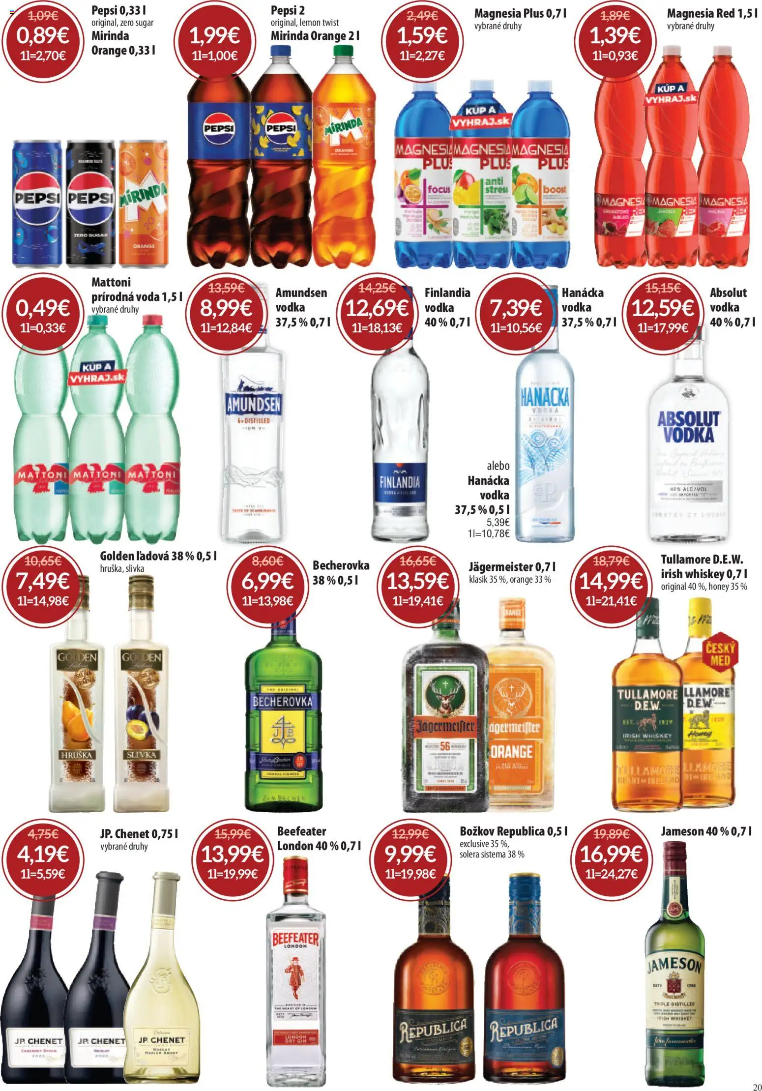 Náhľad Nitrazdroj letáku platného od 03.09.2026 - Voda, Jägermeister, Becherovka, Jameson, Mattoni, Finlandia, Mirinda, Božkov