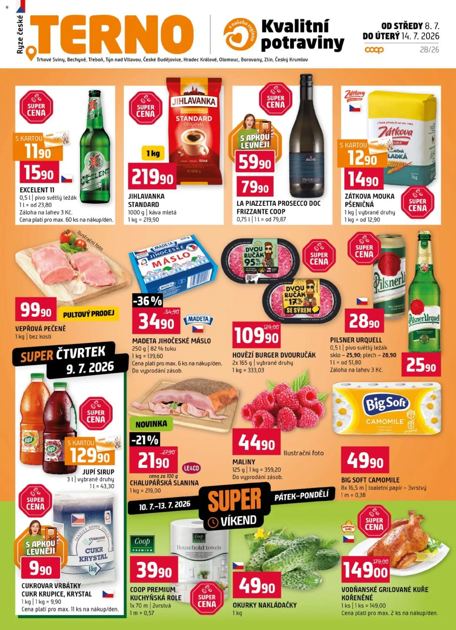 Náhled nabídky: Terno Terno leták platný od 08.07.2026 - Potraviny, Prosecco, Pilsner Urquell, Vepřová pečeně, Kuře, Pilsner, Slanina, Grilované kuře