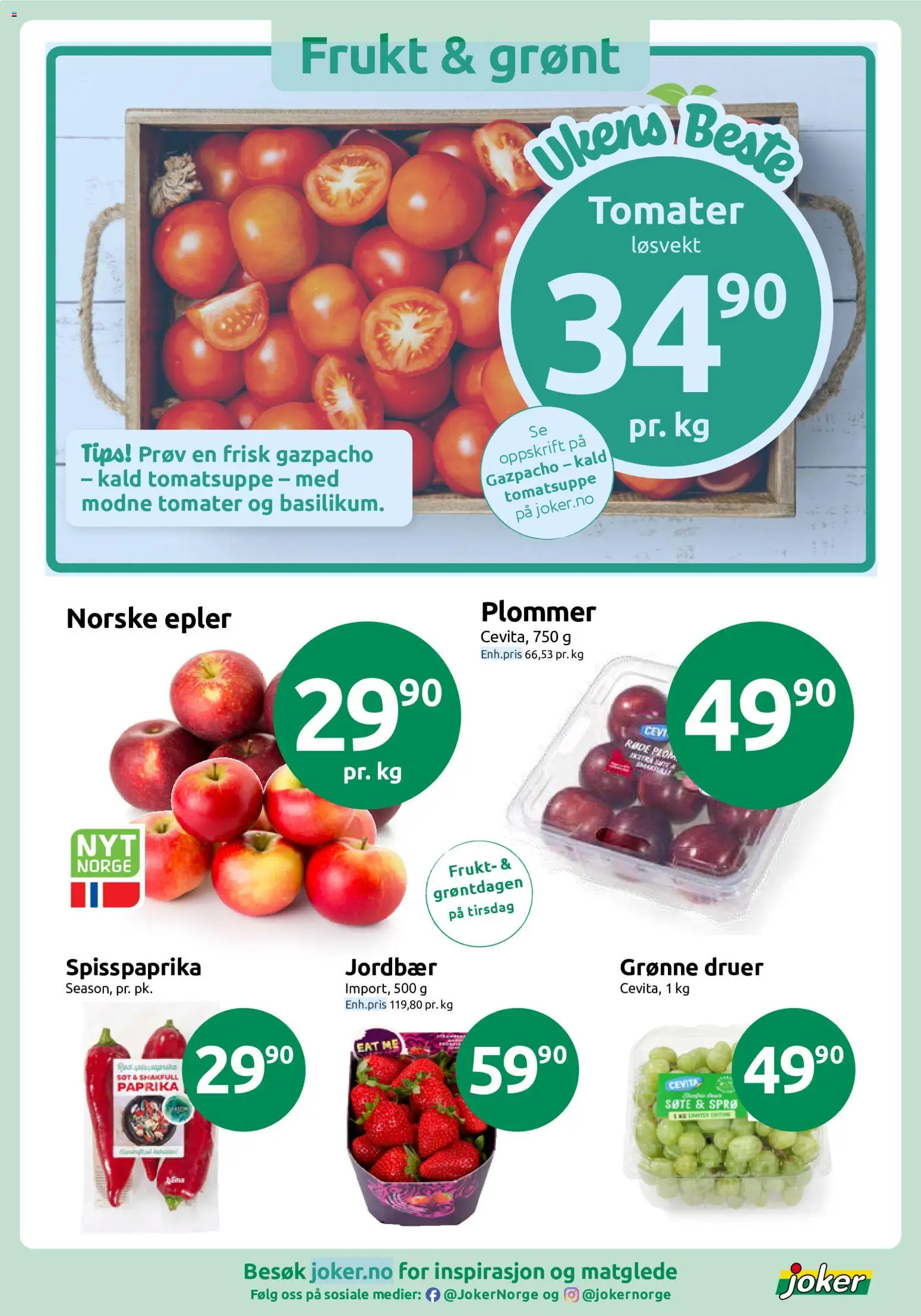 Forhåndsvis Joker kundeavis fra butikk Joker gyldig fra 19/10/2026 - Frukt, Epler, Jordbær, Plommer, Druer, Paprika, 1, Tomatsuppe