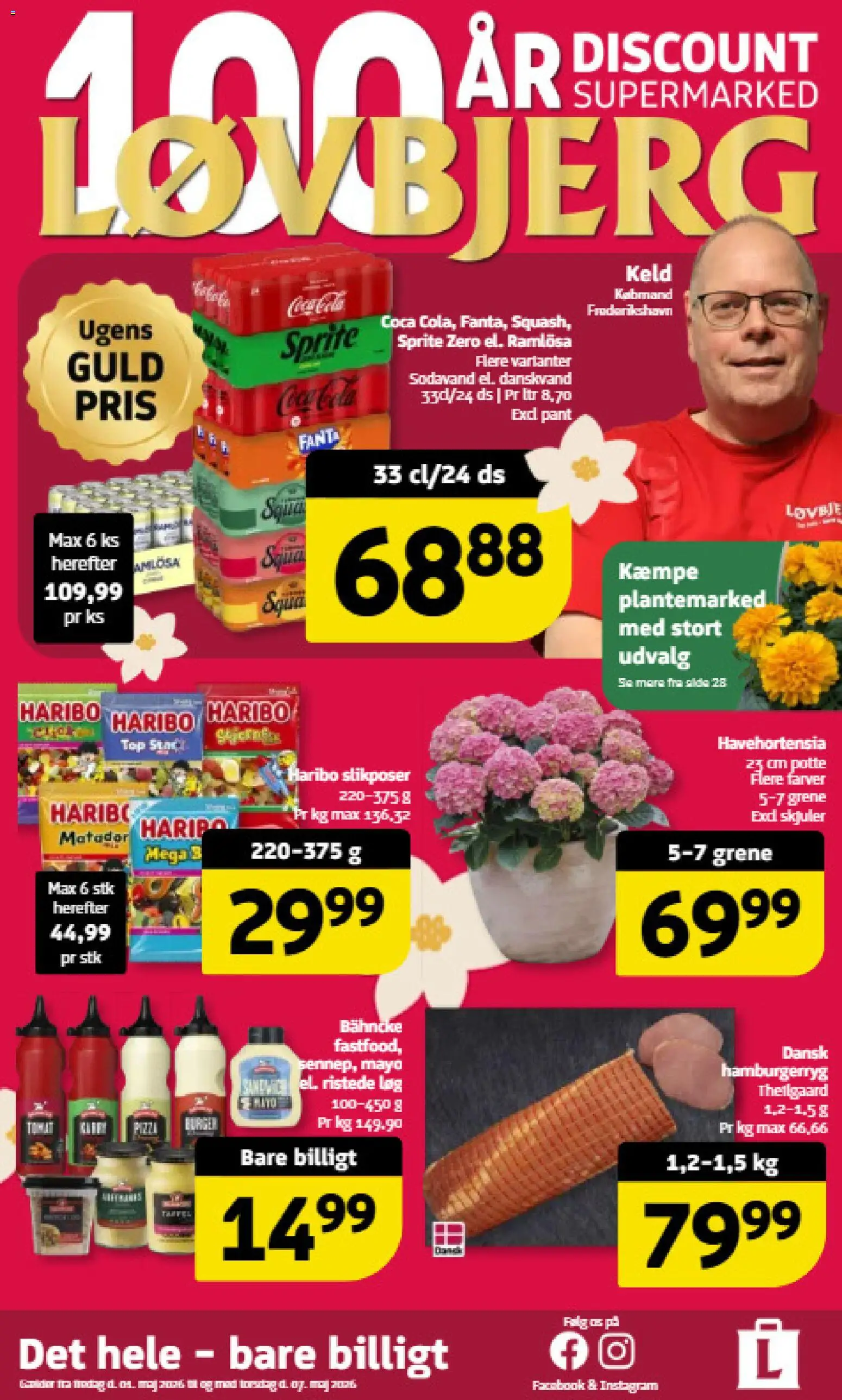 Eksempel på tilbudsavis Løvbjerg - Tilbudsavis uge 19 fra butik Løvbjerg gyldig fra 01/05/2026 - Hamburgerryg, Sodavand, Løg, Ristede Løg, Danskvand