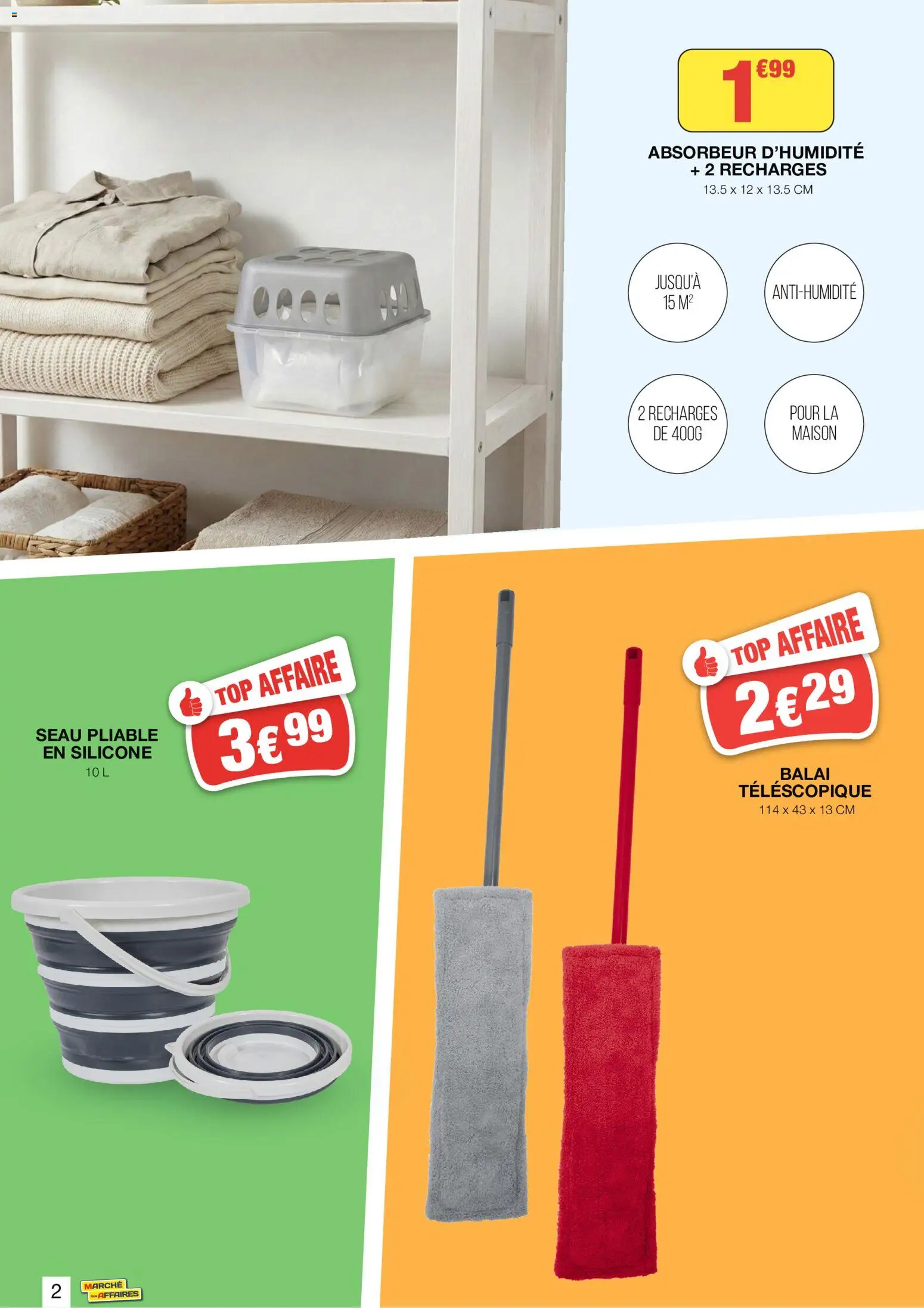Prévisualisation de Marché aux Affaires catalogue du magasin Marché aux Affaires formulaire valide 02/09/2026 - Balai, Balai télescopique, Seau pliable, Absorbeur d'humidité