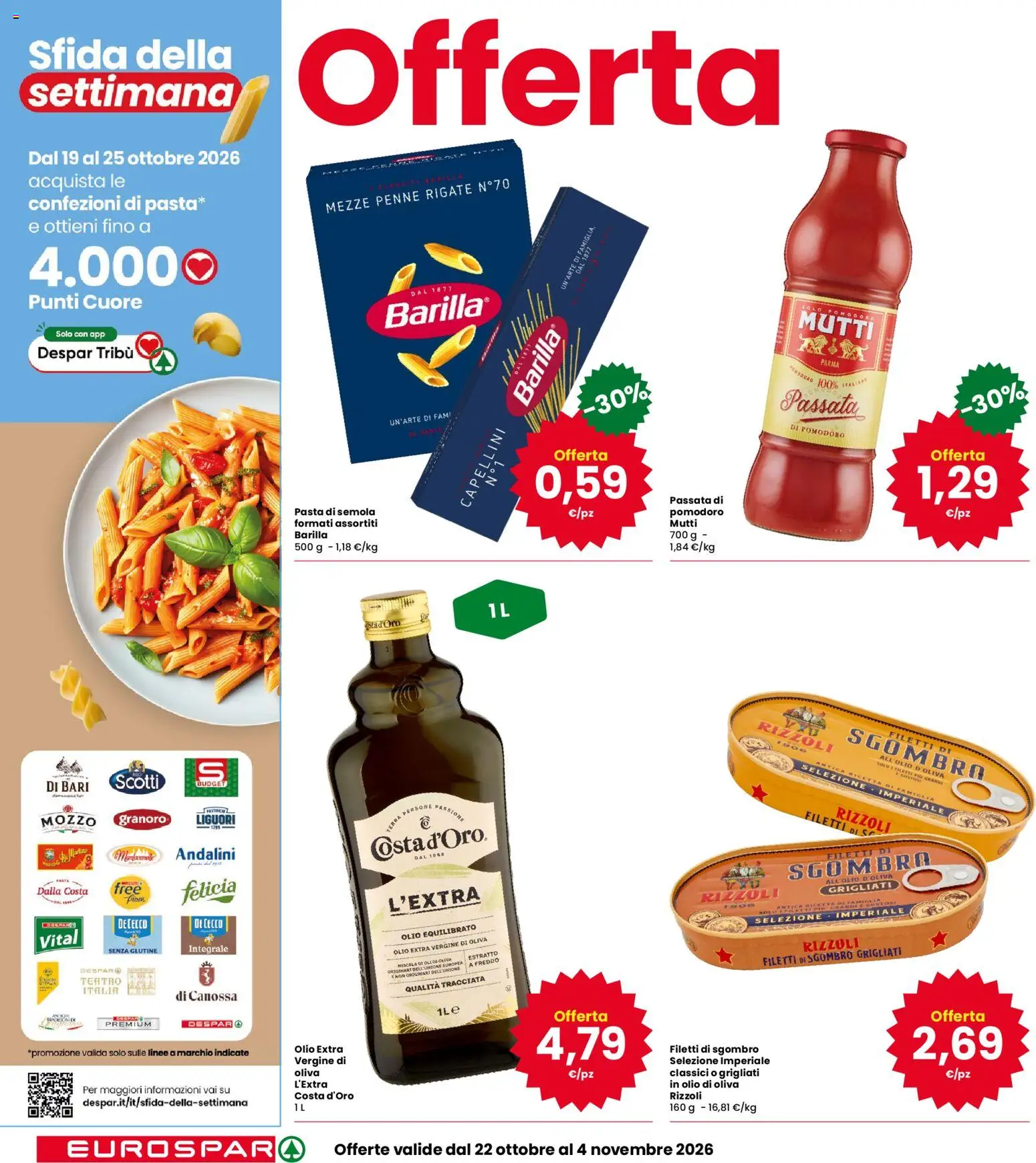 Anteprima dell'opuscolo Eurospar volantino Schio dal negozio Eurospar valido da 22/10/2026 - Pasta, Pomodoro, Barilla, Sgombro, De Cecco, Semola, Pasta di semola, Olio d'oliva