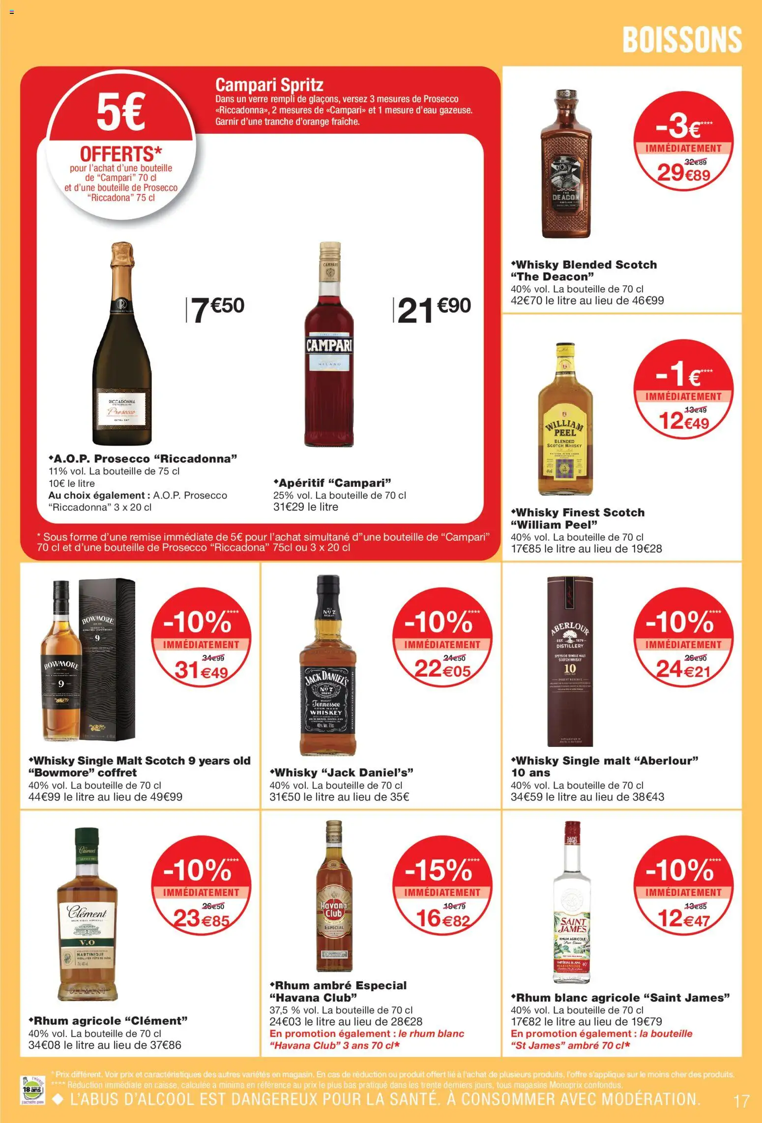 Prévisualisation de Monoprix catalogue du magasin Monoprix formulaire valide 08/09/2026 - Prosecco, Campari, Rhum blanc, Havana, Havana Club, Jack Daniel's, William Peel, Aberlour