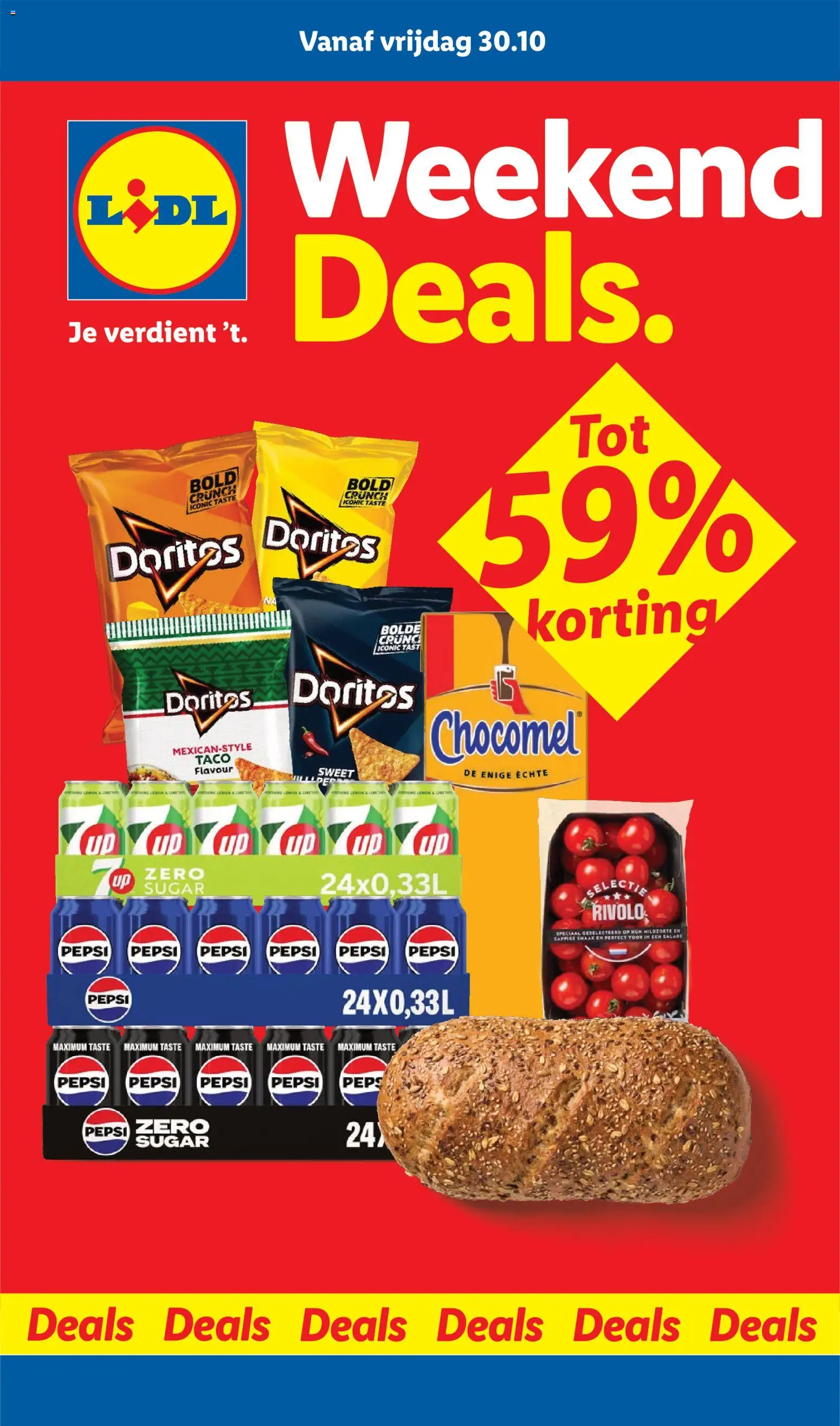Voorbeeld van Lidl folder - Weekend deals van winkel Lidl geldig vanaf 30-10-2026 - Taco, Chips, Brood, Tortilla, Doritos, Pepsi, 7up, Pepsi Zero