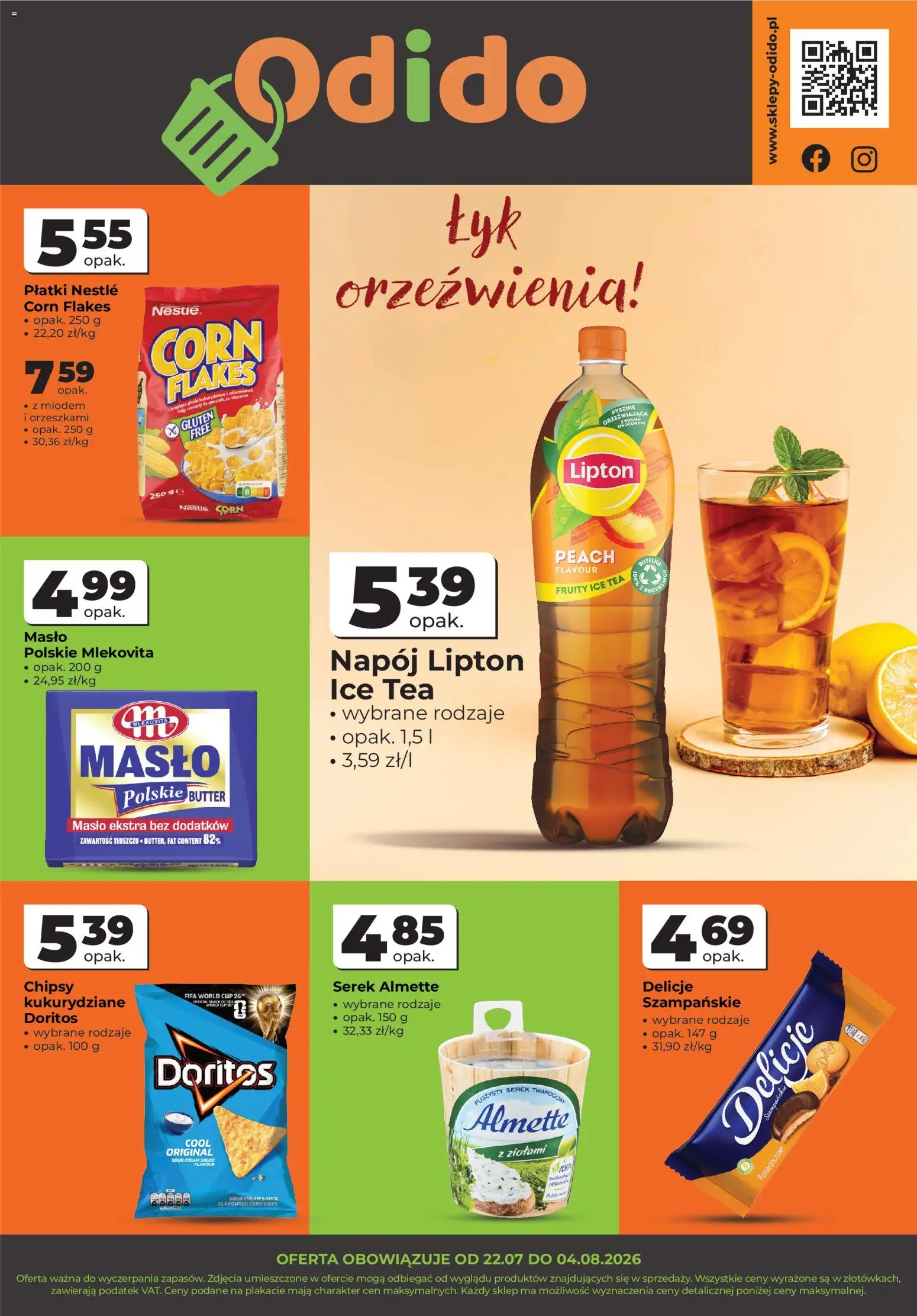 Pogląd gazetki "Odido gazetka - Wybrane produkty" ze sklepu Odido ważnej od 22.07.2026 - Masło, Chipsy, Almette, Ice Tea, Płatki, Corn Flakes, Serek, Serek almette
