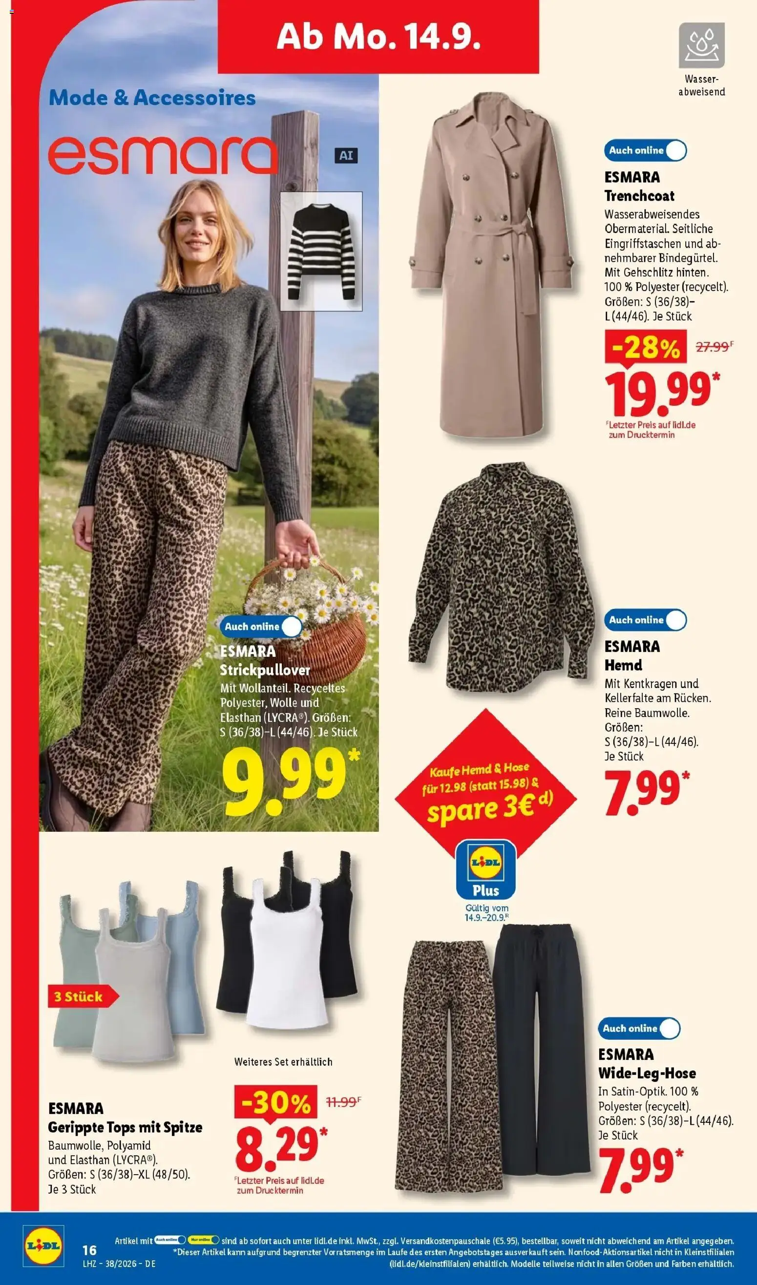 Vorschau von dem Prospekt des Geschäftes Lidl, gültig ab dem 14.09.2026 - Wasser, Trenchcoat, Hose, Hemd, Shirt