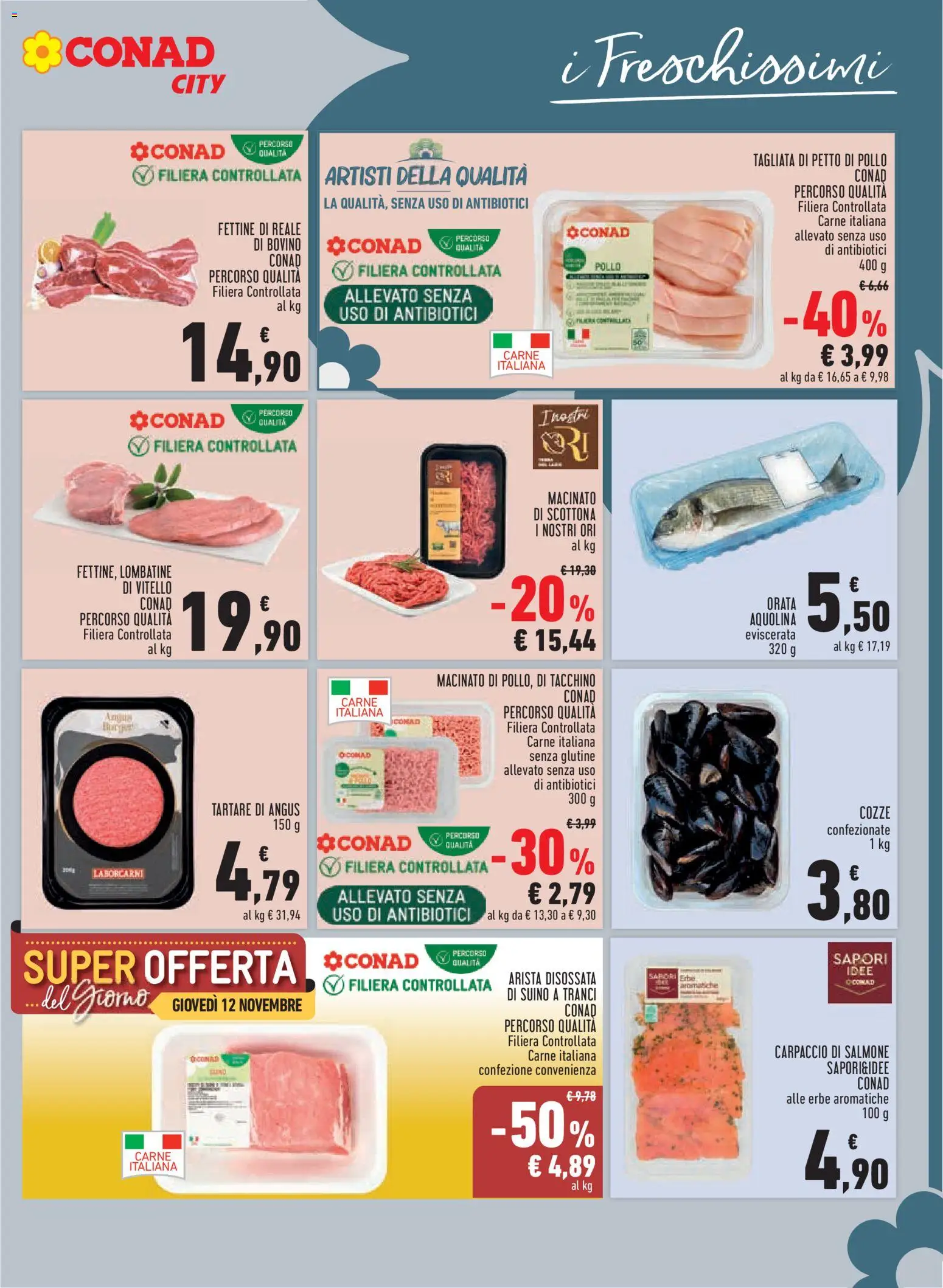 Anteprima dell'opuscolo Conad volantino City Lazio dal negozio Conad valido da 04/11/2026 - Pollo, Carne, Salmone, Carpaccio, Bovino, Petto di Pollo, Vitello, Erbe