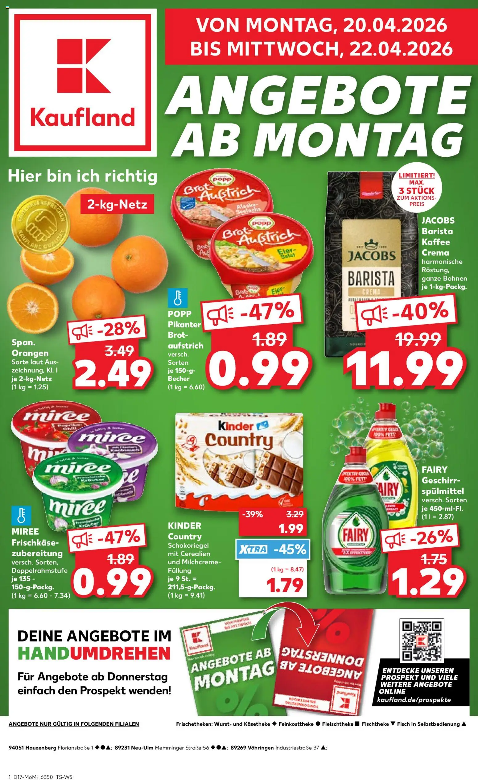 Náhled nabídky: Kaufland Německo Kaufland Německo leták - Angebote ab Montag platný od 20.04.2026 - Kinder, Jacobs, Crema