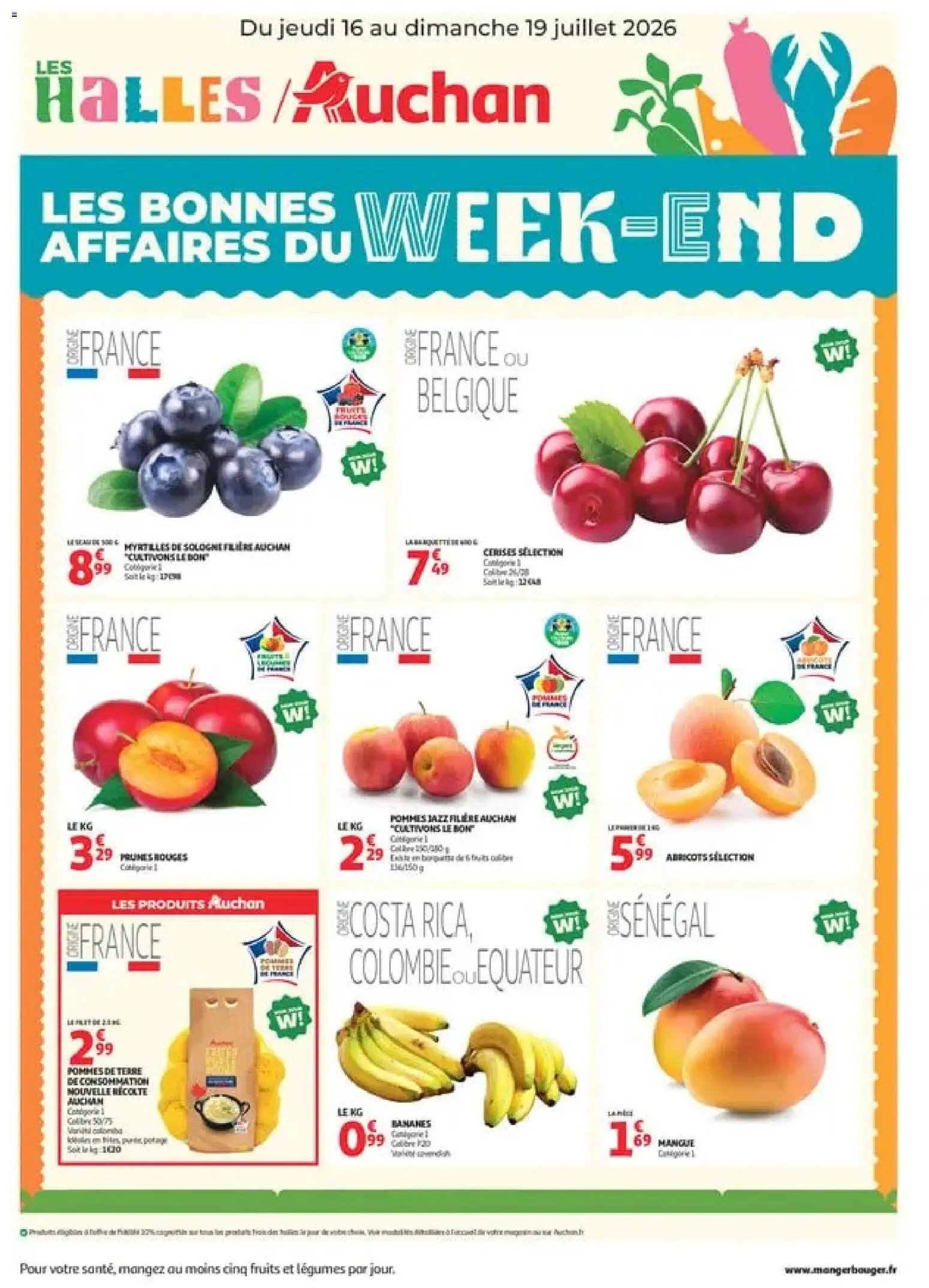 Prévisualisation de Auchan les bons plans du week-end dans votre hyper du magasin Auchan formulaire valide 16/07/2026 - Fruits, Myrtilles, Pommes de terre, Cerises, Mangue, Pommes, Prunes, Abricots