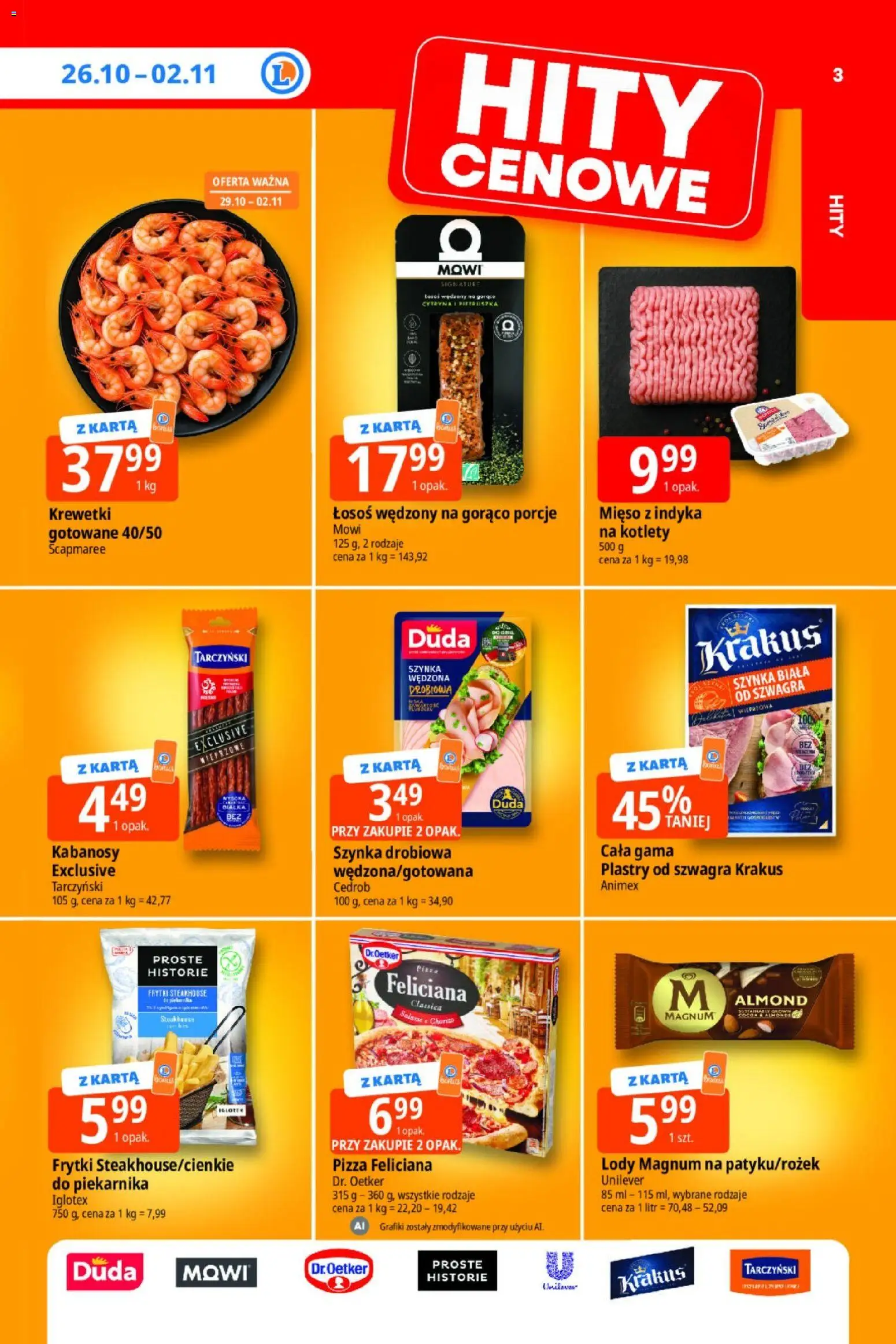 Pogląd gazetki "E.Leclerc gazetka - Tanio To Tu" ze sklepu E.Leclerc ważnej od 26.10.2026 - Pizza, Krewetki, Chorizo, Magnum, Kabanosy, Pizza Feliciana, Lody Magnum, Łosoś wędzony na gorąco