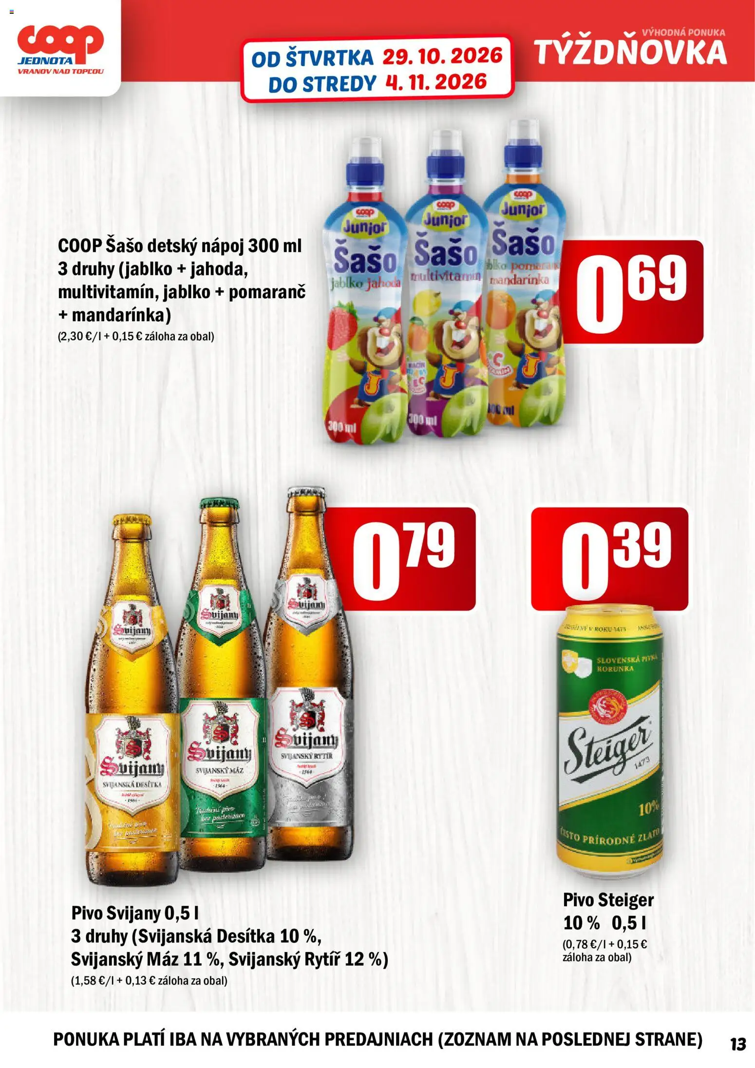 Náhľad COOP Jednota letáku platného od 29.10.2026 - Pivo, Svijany, Multivitamín, Steiger, Detský nápoj