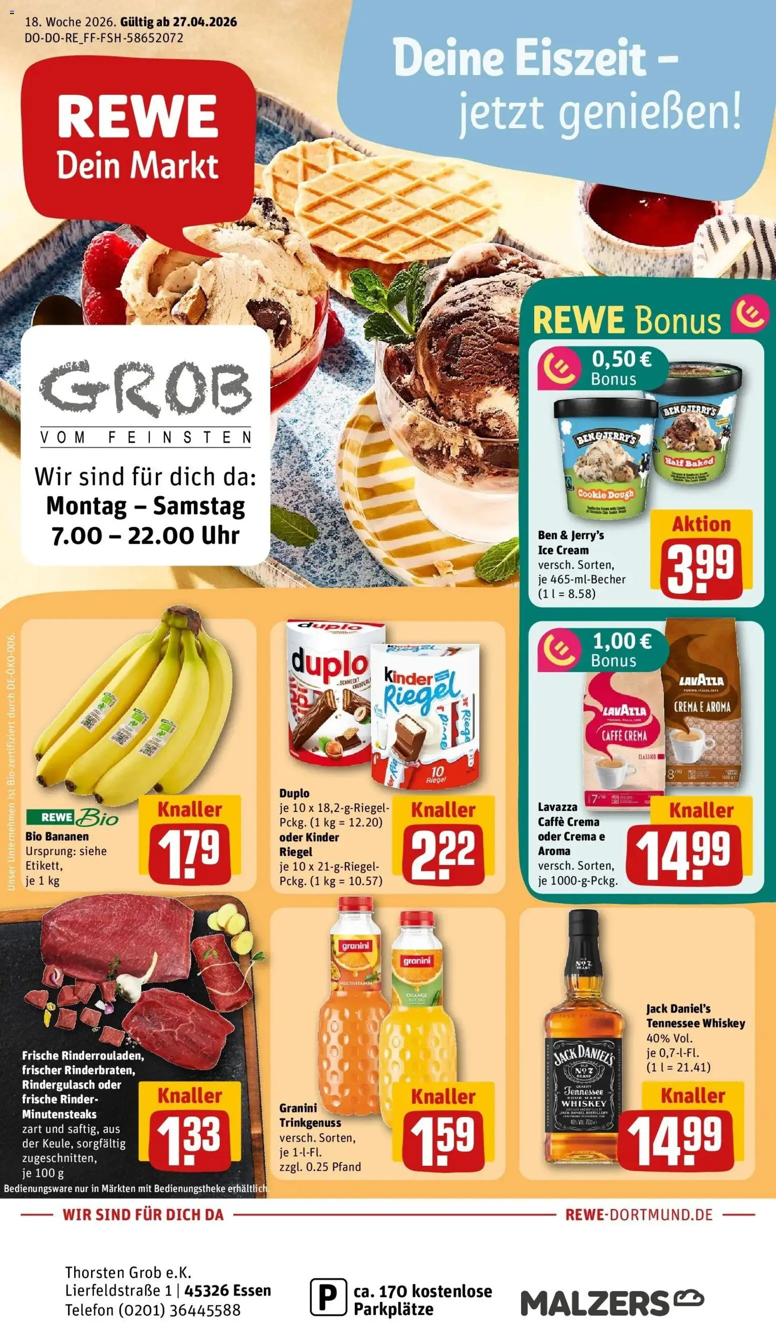 Vorschau von dem Prospekt des Geschäftes Rewe, gültig ab dem 27.04.2026 - Telefon, Bananen, Rindergulasch, Lavazza, Whiskey, Ben & Jerry's, Granini, Jack Daniel's
