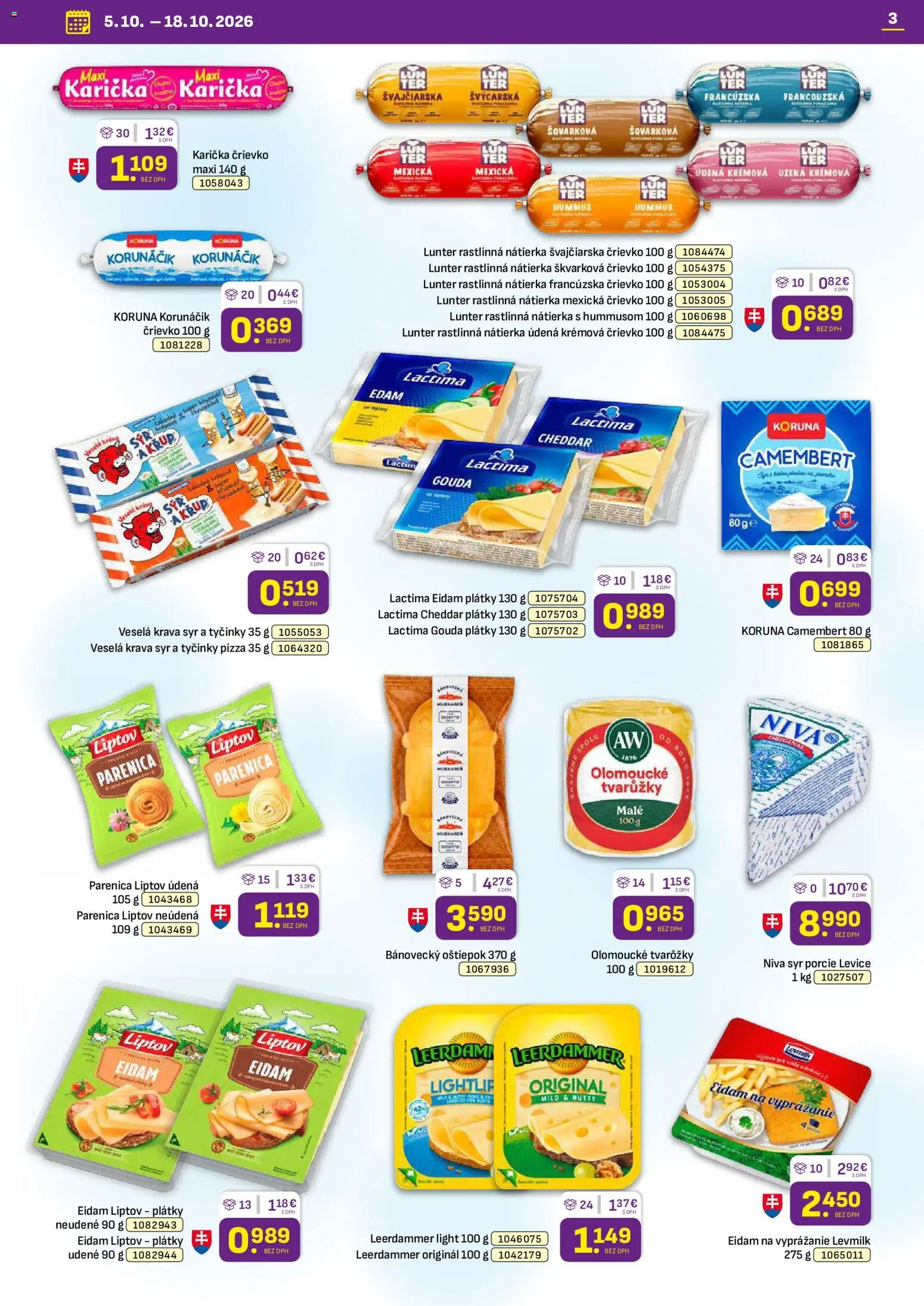 Náhľad Libex letáku platného od 05.10.2026 - Syr, Hummus, Camembert, Cheddar, Gouda, Eidam, Tvarôžky, Rastlinná nátierka
