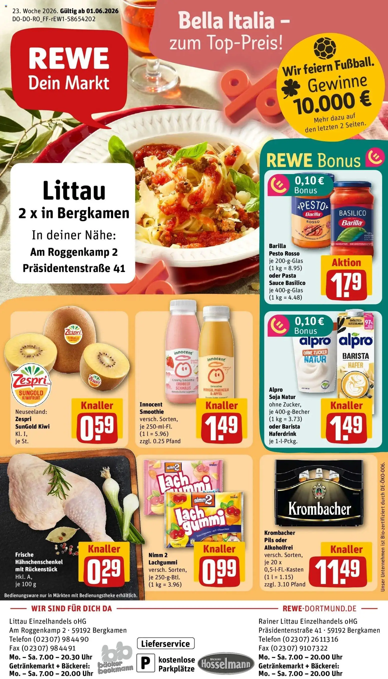 Vorschau von dem Prospekt des Geschäftes Rewe, gültig ab dem 01.06.2026 - Uhr, Telefon, Pasta, Kiwi, Krombacher, Zucker, Barilla pesto, Alpro