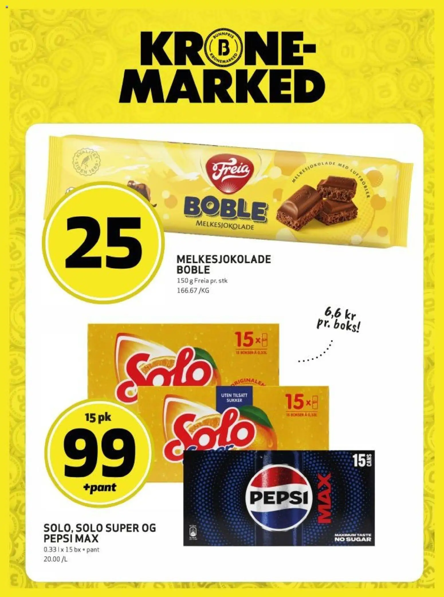 Forhåndsvis Bunnpris kundeavis krone marked fra butikk Bunnpris gyldig fra 15/10/2026 - Boble, Pepsi Max, Sukker, Solo Super, Pepsi, Boks