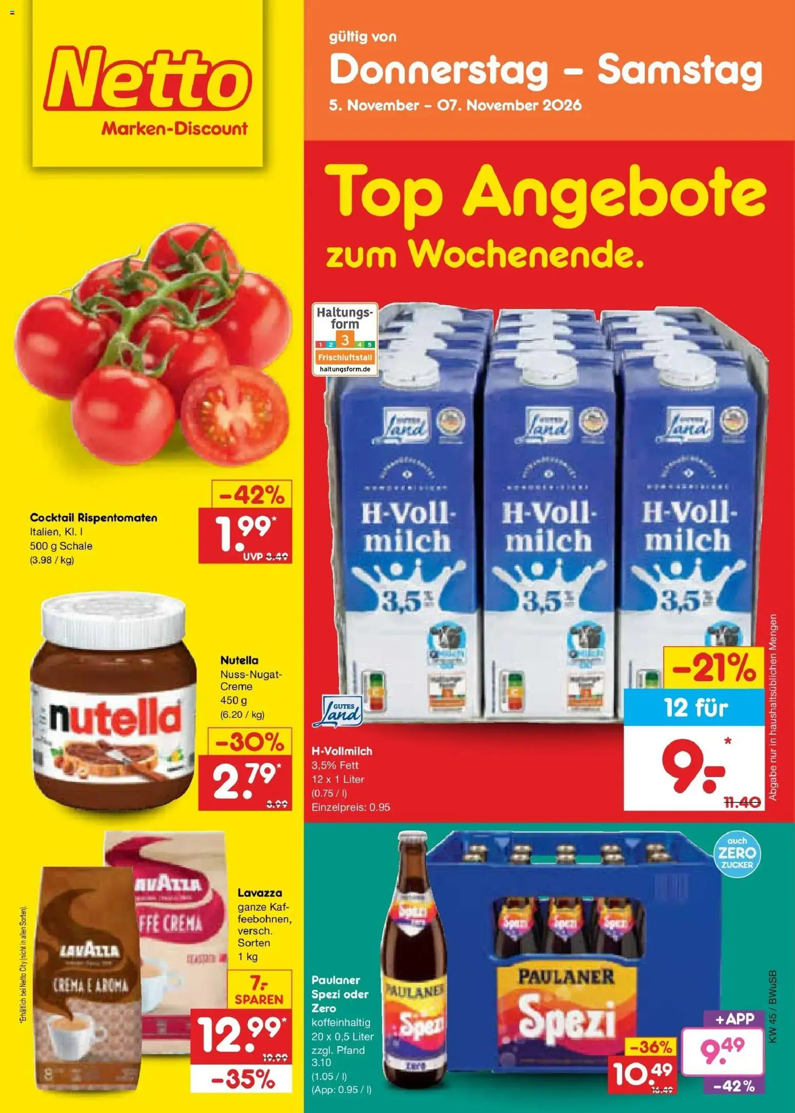 Vorschau von dem Prospekt des Geschäftes Netto Marken-Discount, gültig ab dem 02.11.2026 - Nutella, Top, Milch, Paulaner spezi, Lavazza, Zucker, Paulaner, Creme
