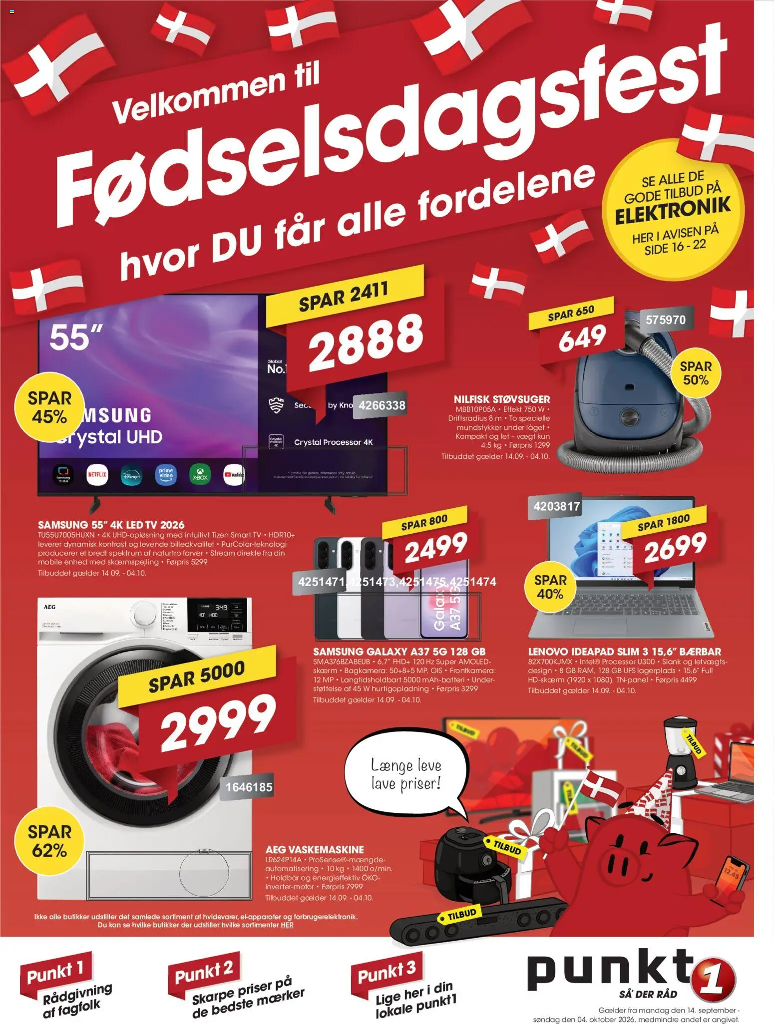 Eksempel på tilbudsavis Punkt1 - Tilbudsavis fra butik Punkt1 gyldig fra 14/09/2026 - TV, Vaskemaskine, Støvsuger, Æg, Smart TV, Skærm, Processor