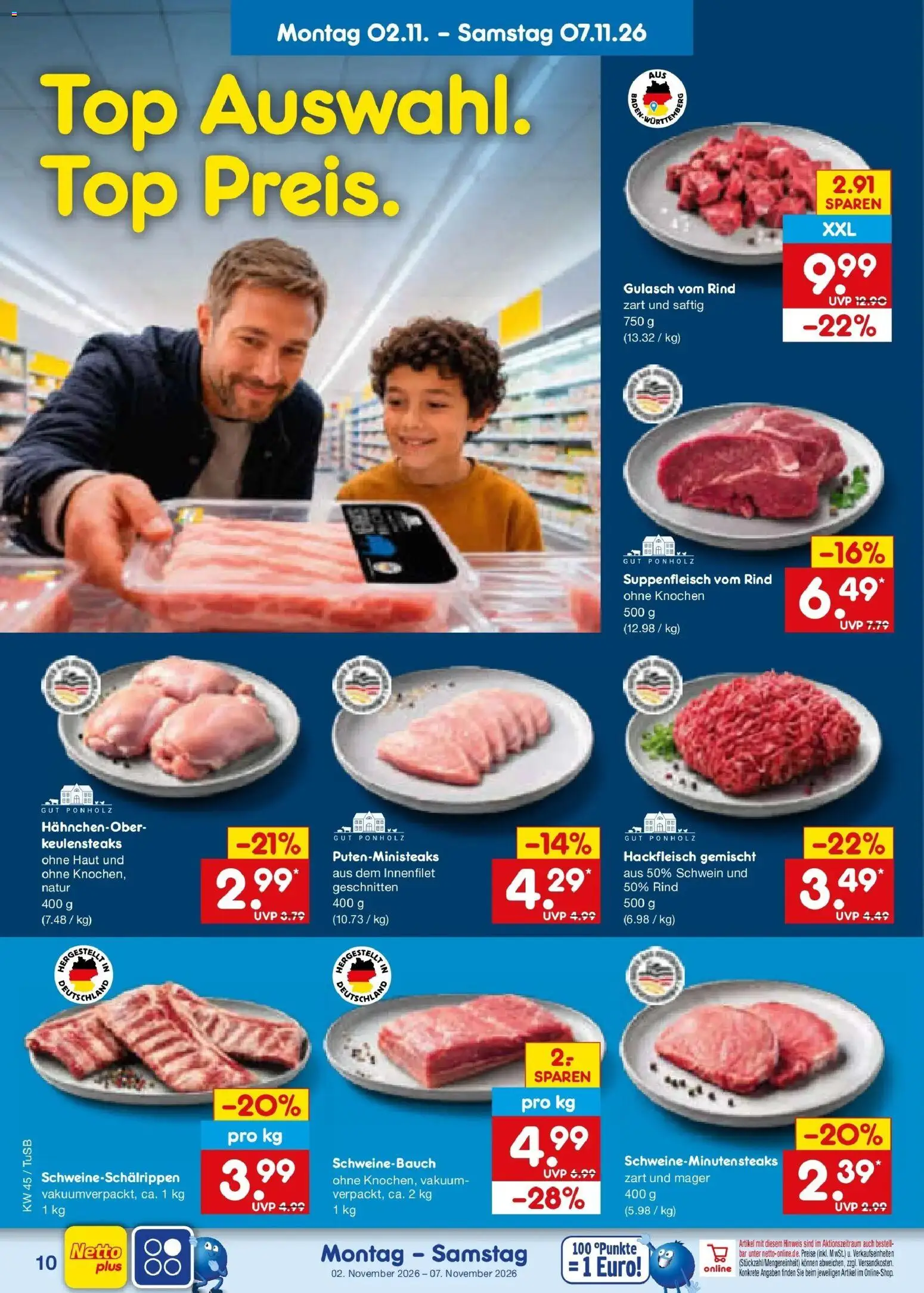 Vorschau von dem Prospekt des Geschäftes Netto Marken-Discount, gültig ab dem 02.11.2026 - Gulasch, Top, Hackfleisch, Schweinebauch, Suppenfleisch