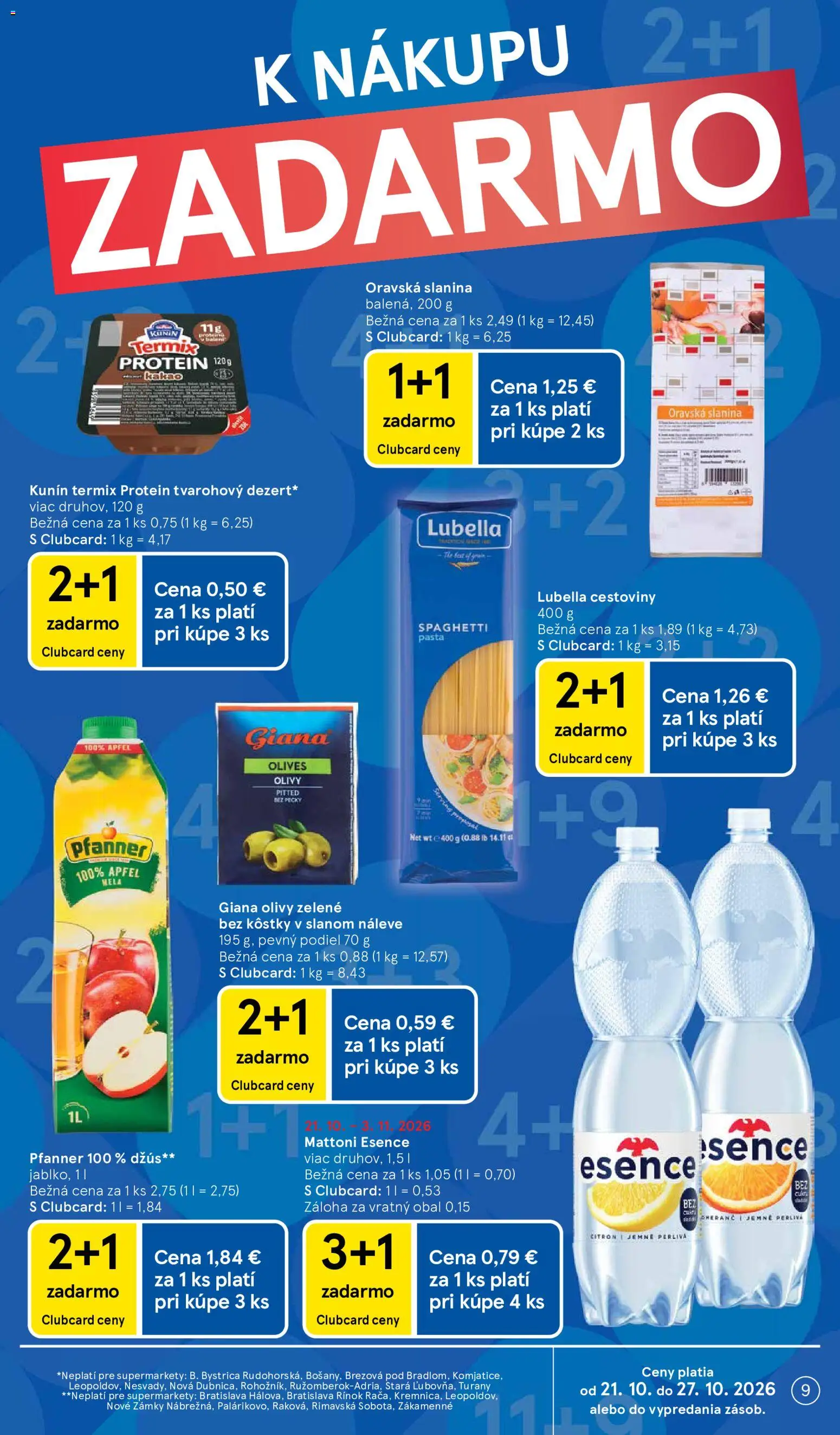 Náhľad Tesco letáku platného od 21.10.2026 - Protein, Cestoviny, Kakao, Slanina, Mattoni, Džús, Olivy, Termix