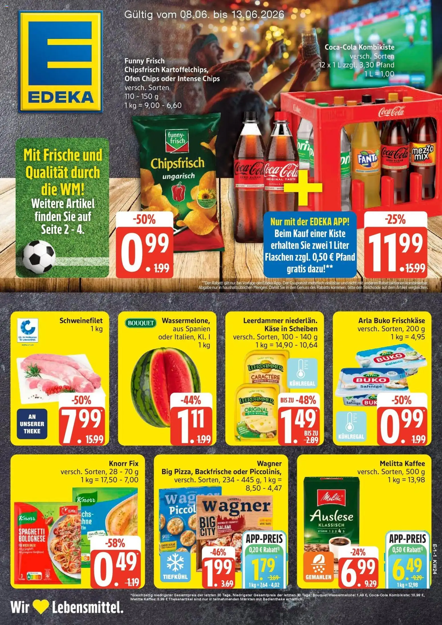 Vorschau von dem Prospekt des Geschäftes Edeka, gültig ab dem 08.06.2026 - Pizza, Chips, Fanta, Piccolinis, Funny frisch, Melitta, Theke, Arla buko
