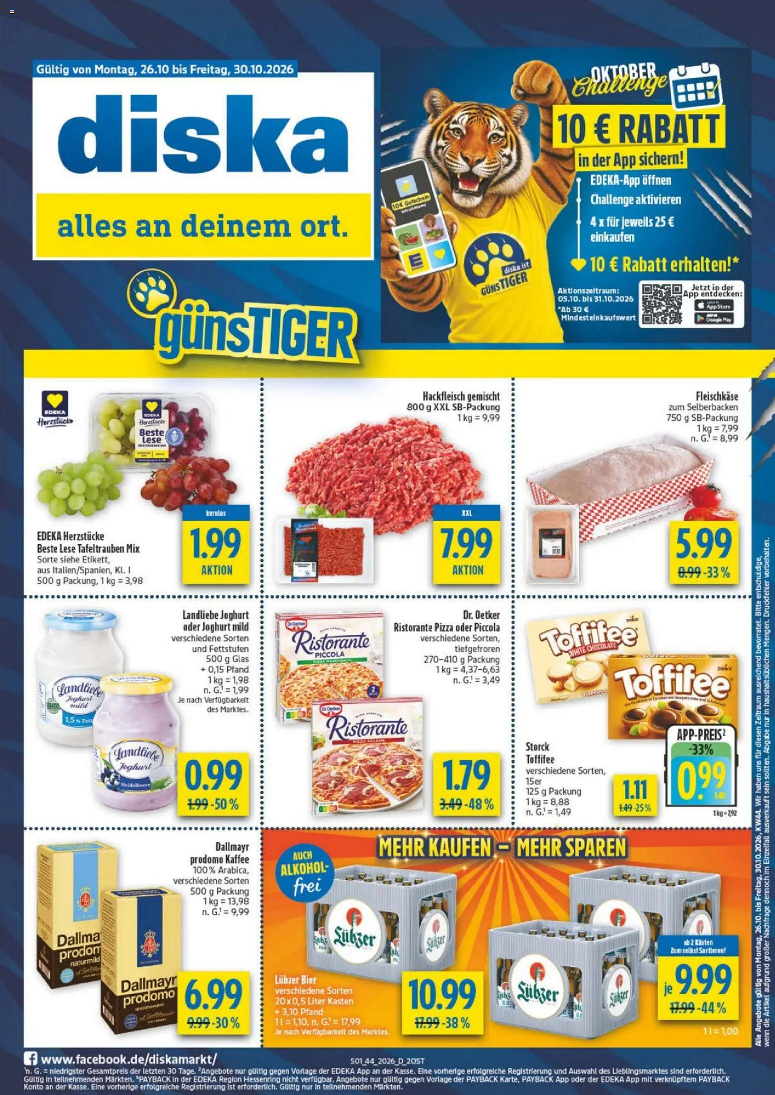 Vorschau von dem Prospekt des Geschäftes Diska, gültig ab dem 26.10.2026 - Pizza, Kaffee, Joghurt, Alkohol, Dallmayr, Toffifee, Landliebe joghurt, Lubzer