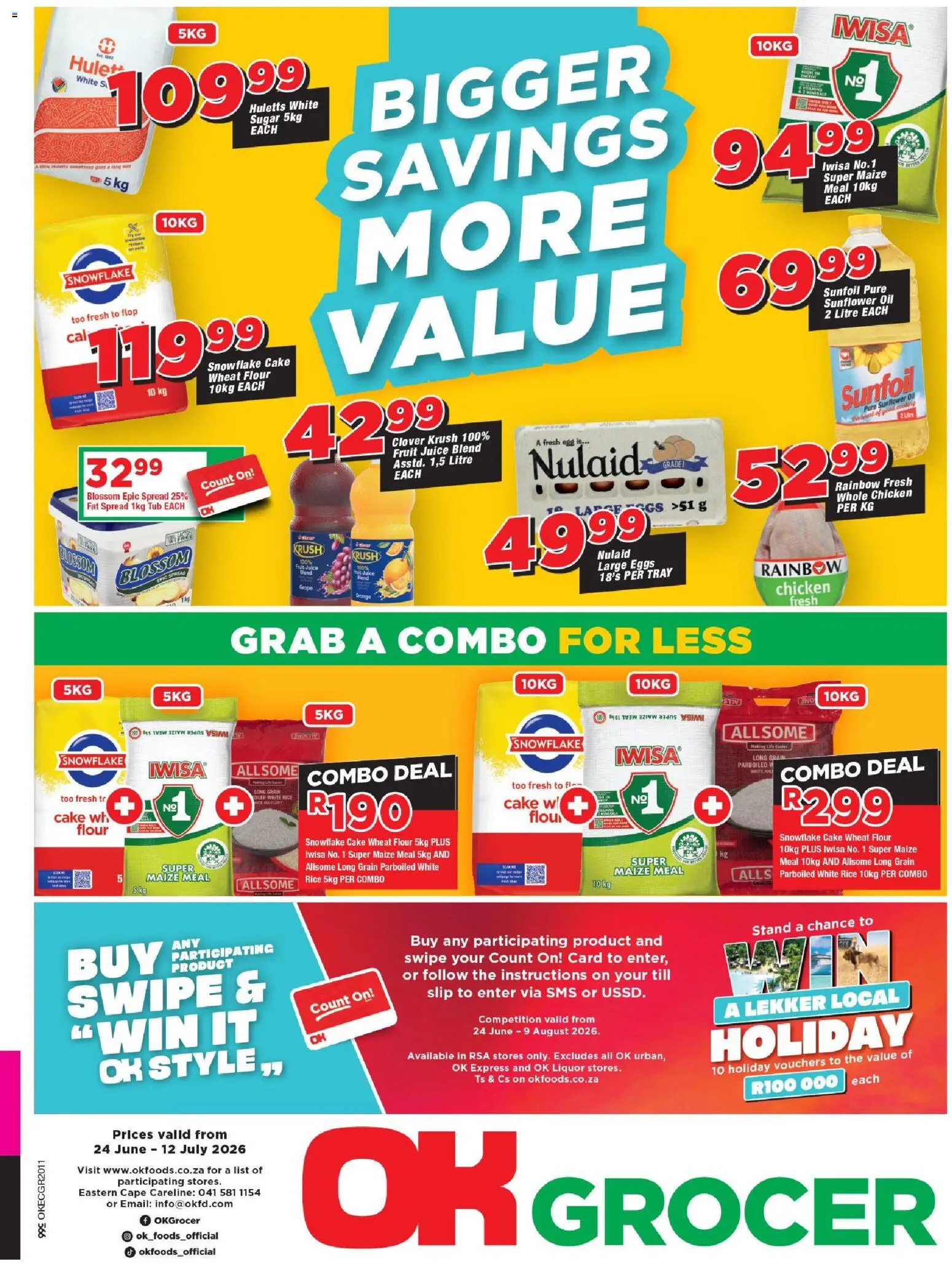 Preview of OK Foods flyer valid from 24/06/2026 - Cake, Eggs, Fruit, Oil, Juice, Sugar, Maize meal, Spread