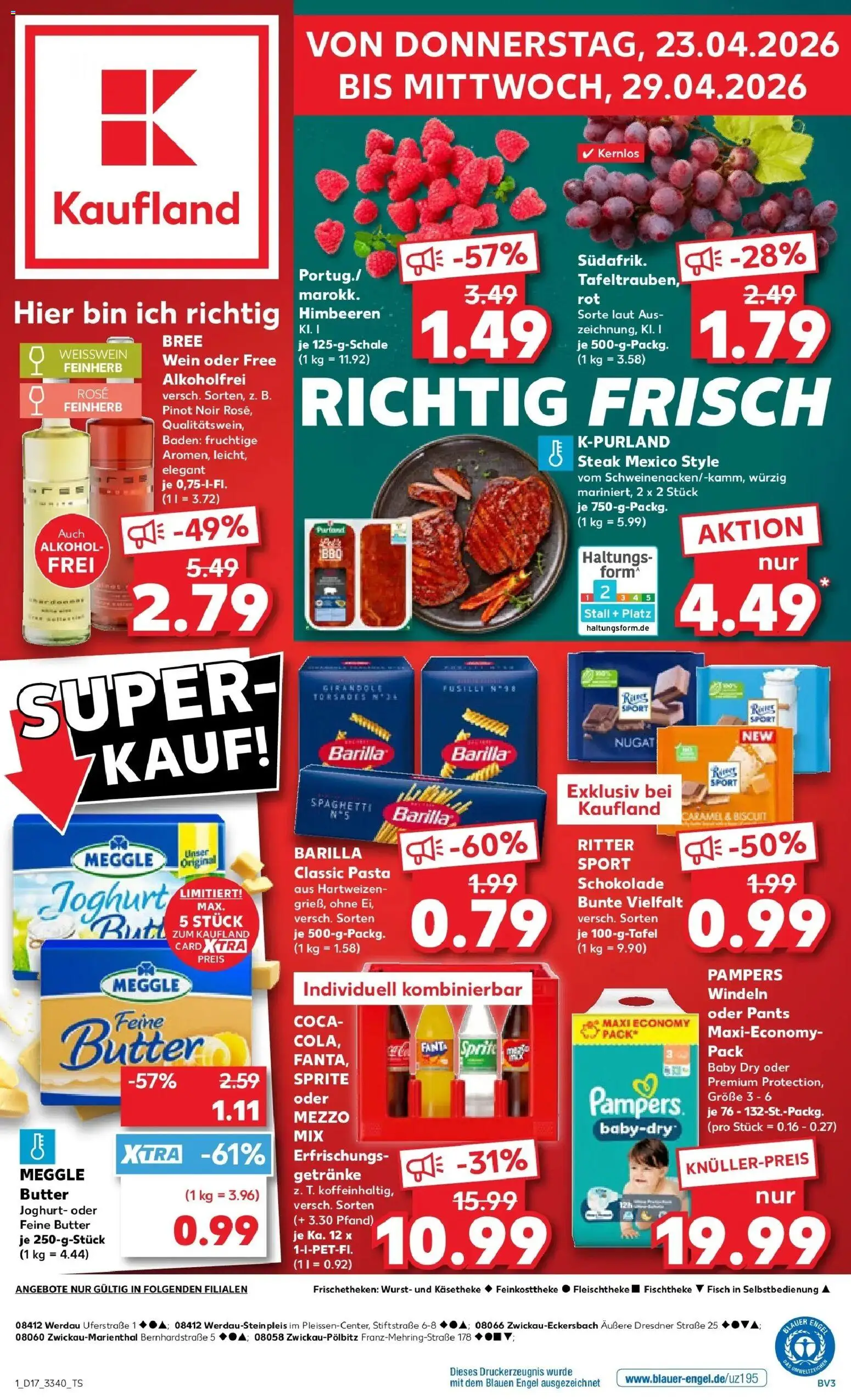 Vorschau von dem Prospekt des Geschäftes Kaufland, gültig ab dem 23.04.2026 - Butter, Schokolade, Pasta, Wurst, Wein, Himbeeren, Alkohol, Weißwein