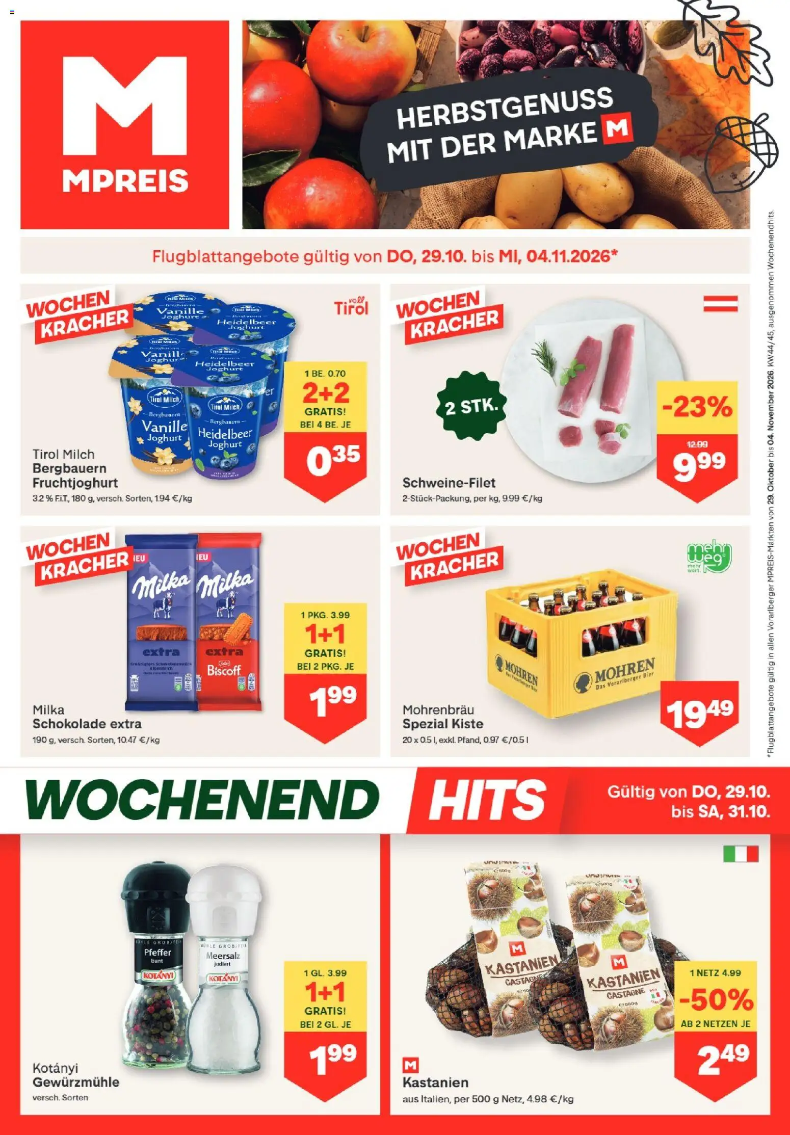 Vorschau der Angebote: MPREIS MPREIS Hohenems gültig ab 29.10.2026 - Schokolade, Bier, Milch, Joghurt, Mühle, Pfeffer, Vanille