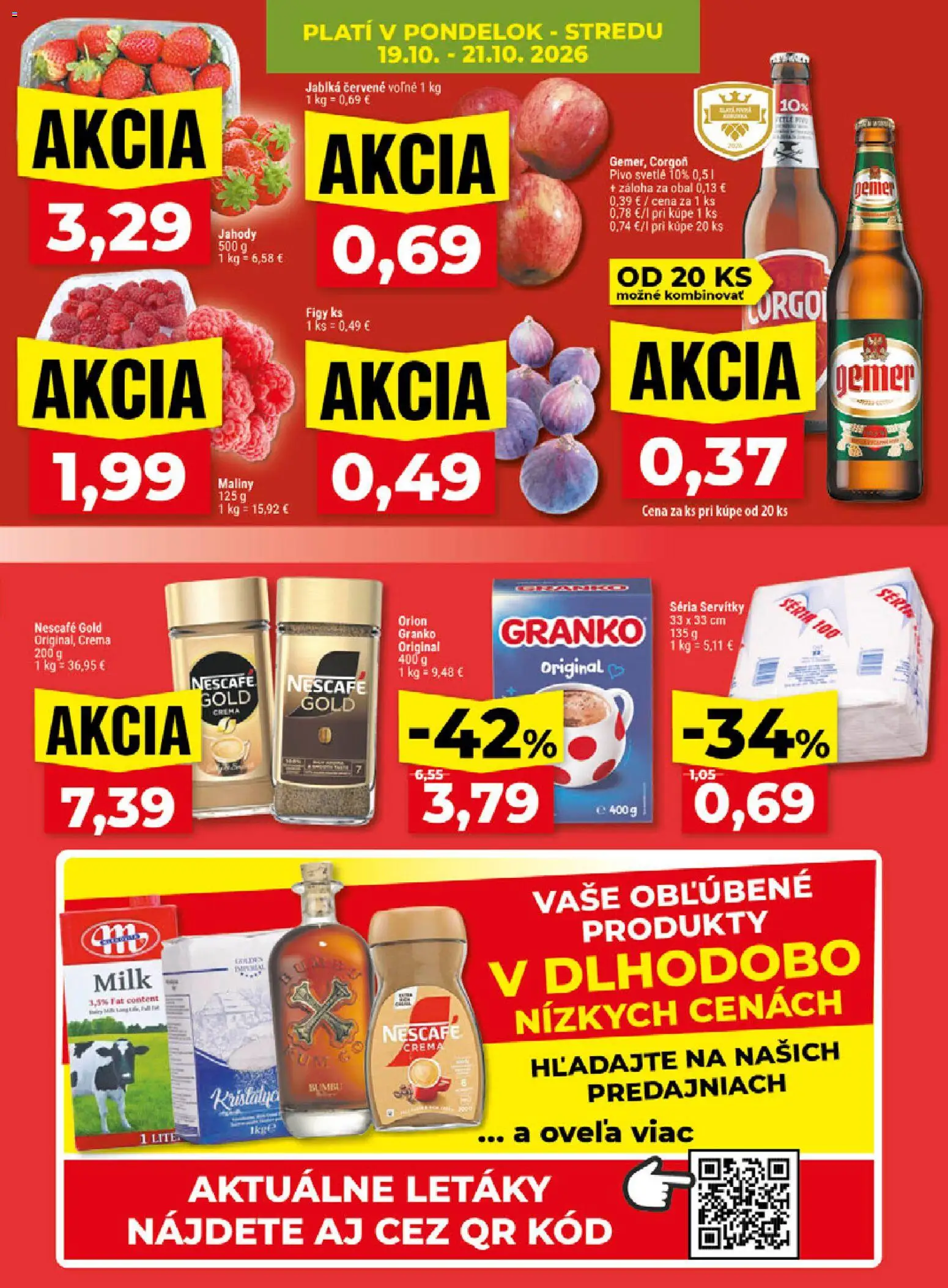 Náhľad Klas letáku platného od 19.10.2026 - Pivo, Jahody, Figy, Granko, Maliny, Jablká, Nescafé Gold, Corgoň