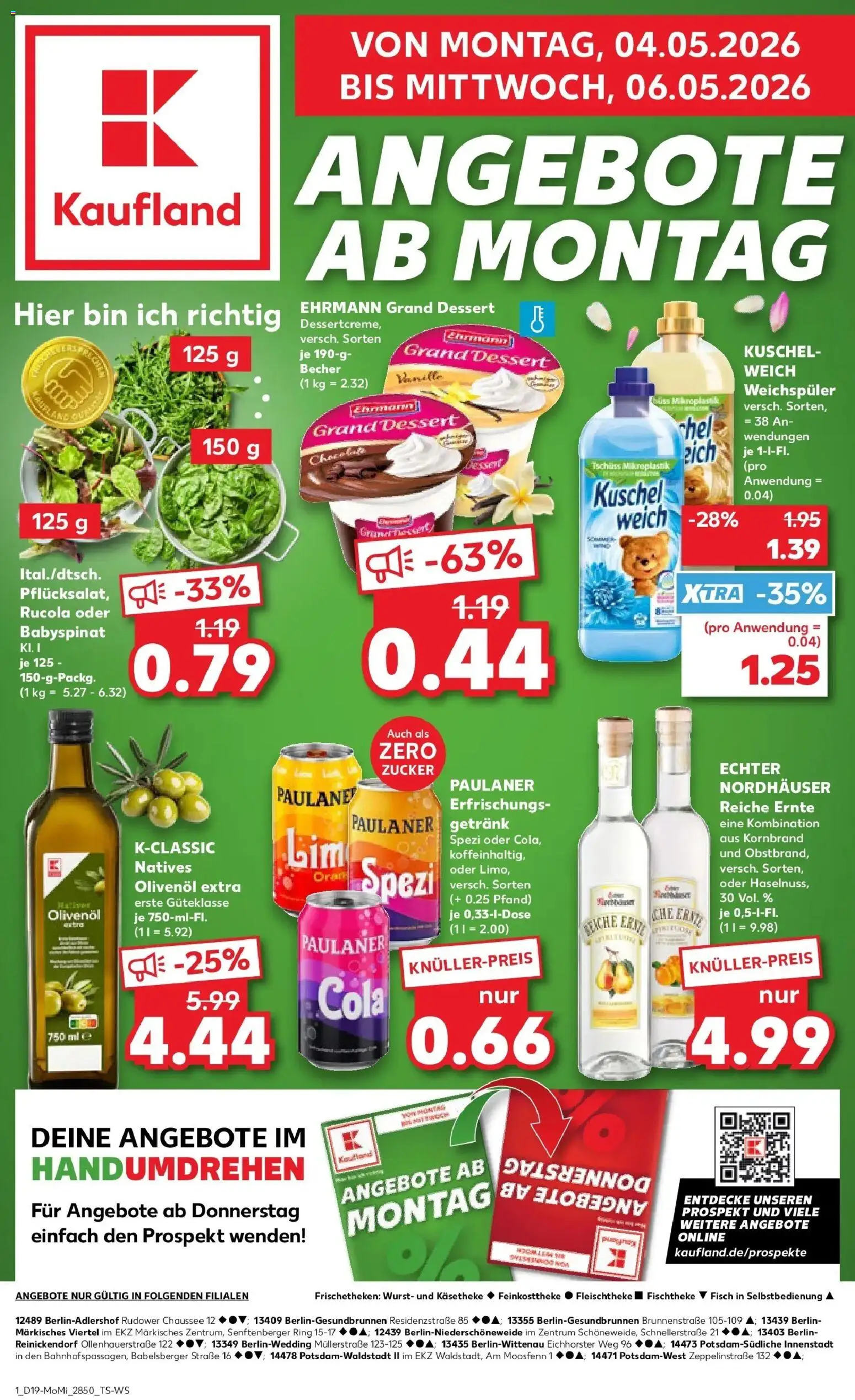Vorschau von dem Prospekt des Geschäftes Kaufland, gültig ab dem 04.05.2026 - Fisch, Wurst, Cola, Paulaner spezi, Zucker, Paulaner, Ehrmann grand dessert, Olivenol